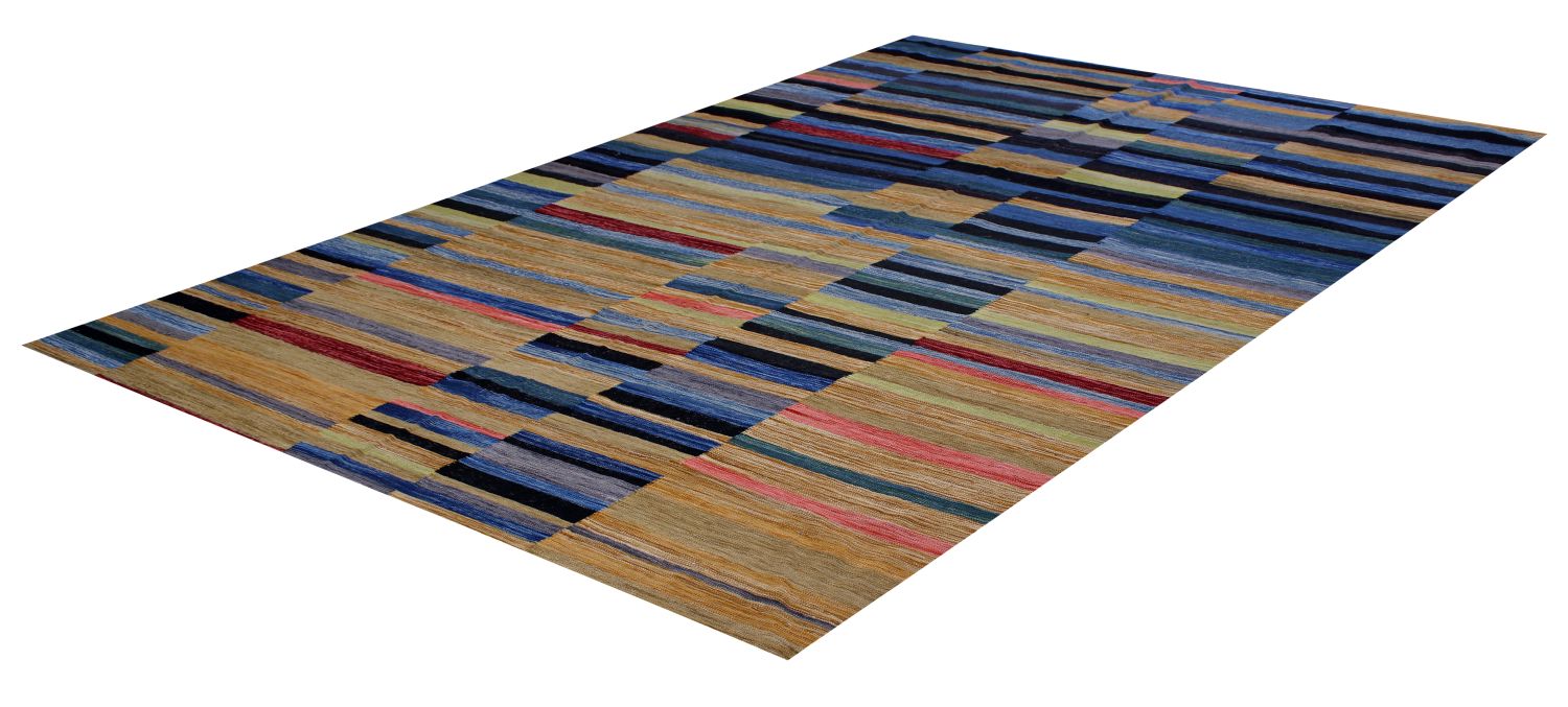 Blauw Tapijt Laagpolig Handgeweven Wollen Vloerkleed - Omid Afghan Modern Kelim 290x212
