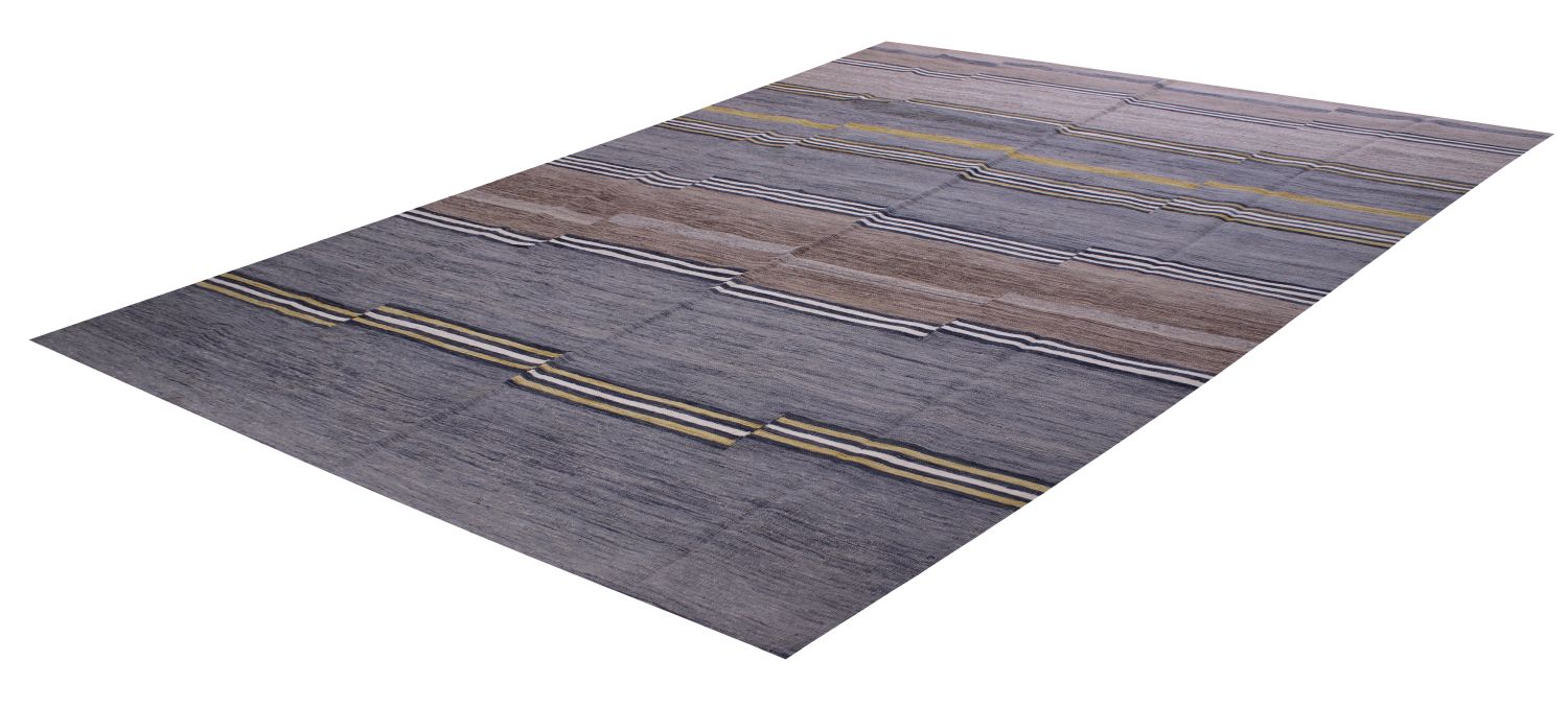 Grijs Tapijt Laagpolig Handgeweven Wollen Vloerkleed - Omid Afghan Modern Kelim 340x256