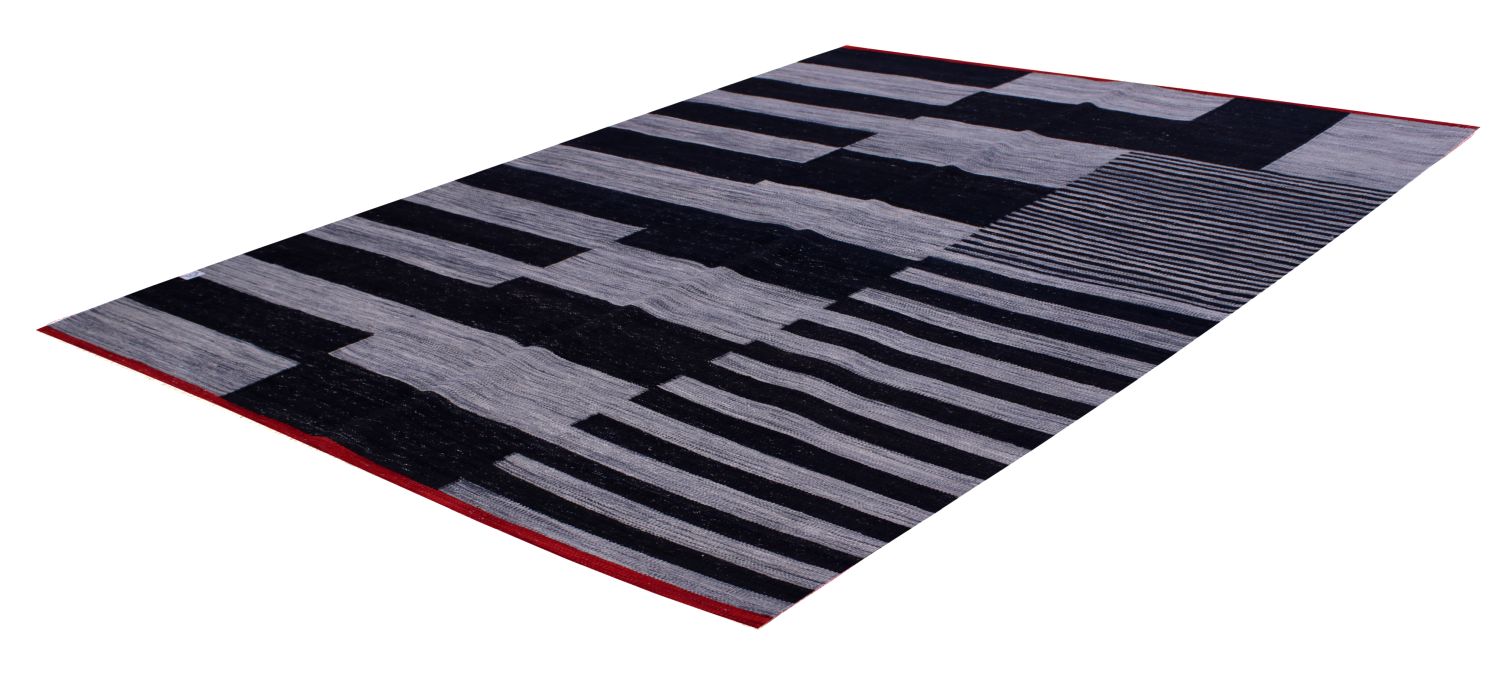 Zwart Tapijt Laagpolig Handgeweven Wollen Vloerkleed - Omid Afghan Modern Kelim 200x155
