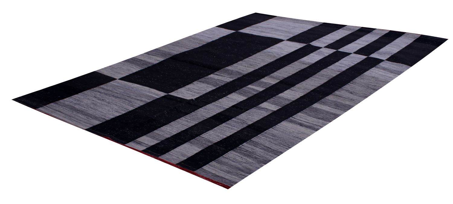 Zwart Tapijt Laagpolig Handgeweven Wollen Vloerkleed - Omid Afghan Modern Kelim 202x165