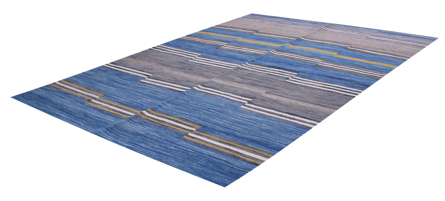 Blauw Tapijt Laagpolig Handgeweven Wollen Vloerkleed - Omid Afghan Modern Kelim 225x170