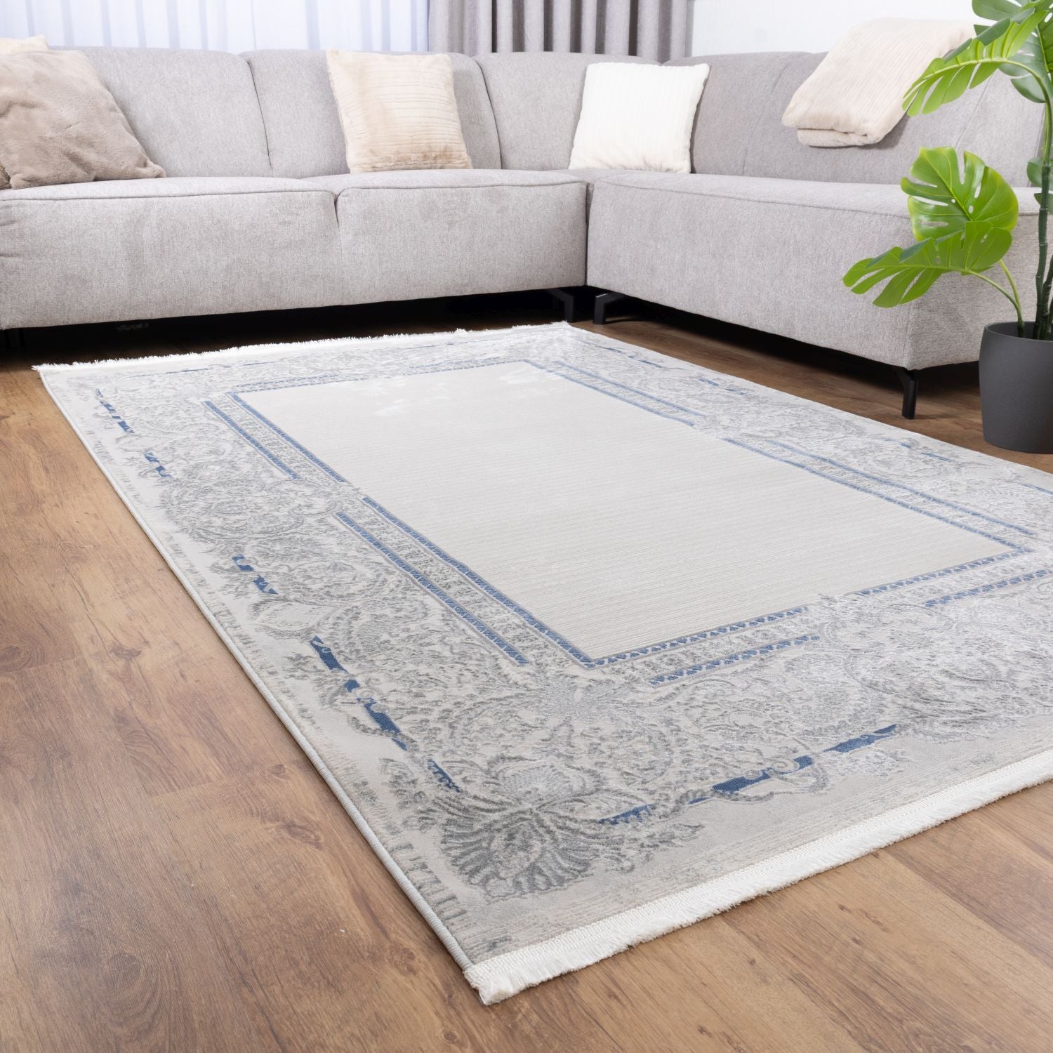 Blauw Tapijt Laagpolig Vloerkleed Omid Beige Essence