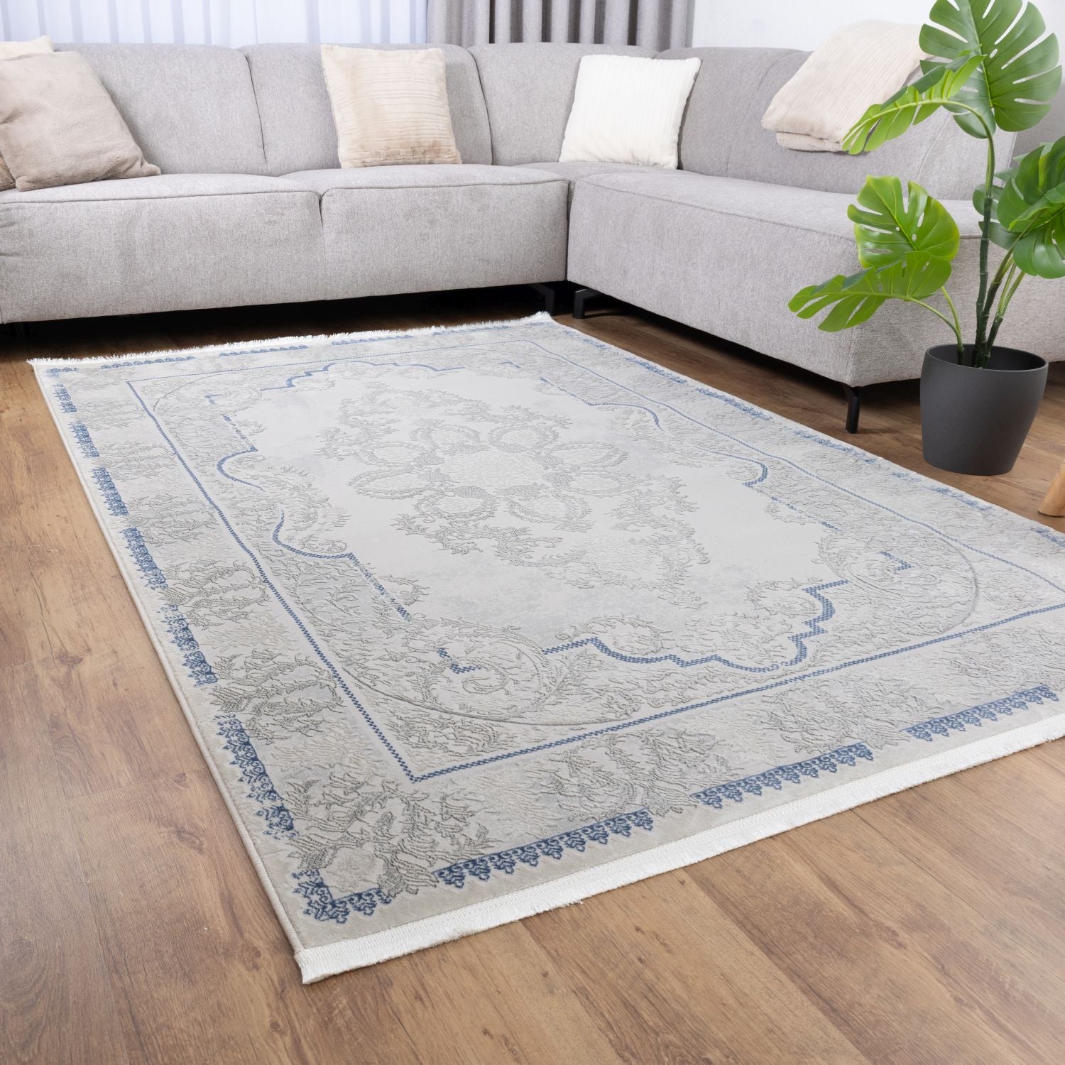 Blauw Tapijt Laagpolig Vloerkleed Omid Beige Essence