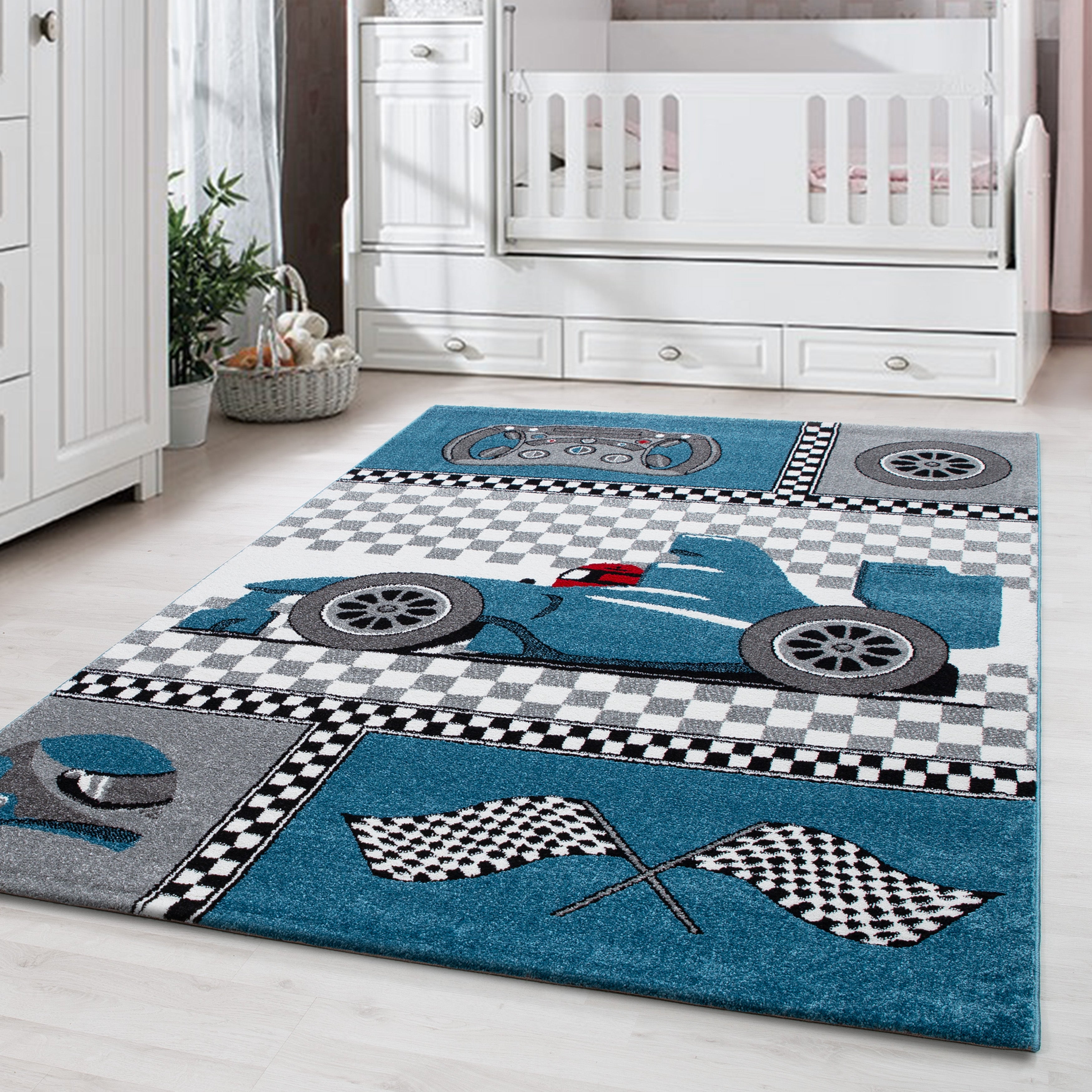 Kindertapijt Omid Racewagen Blauw Vloerkleed - Omid Carpets