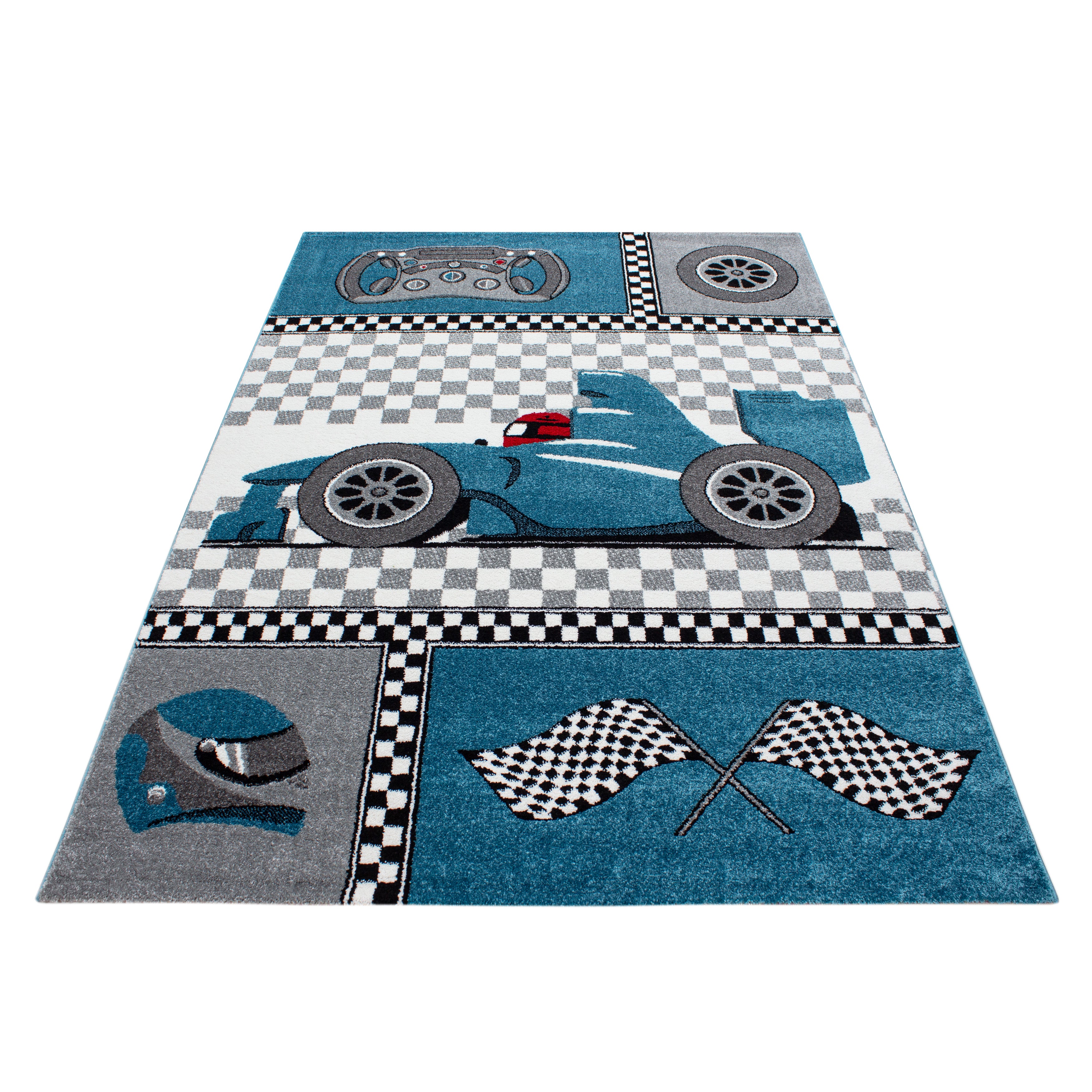 Kindertapijt Omid Racewagen Blauw Vloerkleed - Omid Carpets