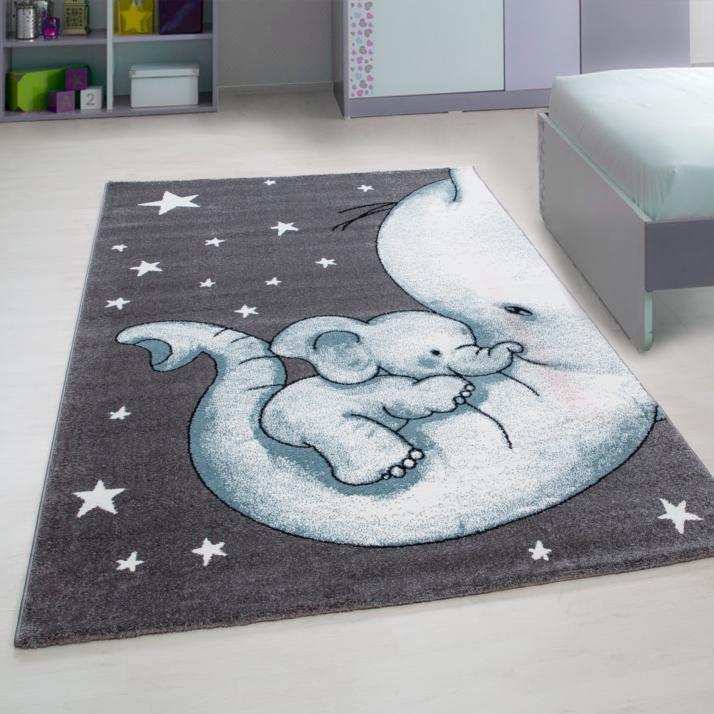 Kindertapijt Omid Olifantje met Baby Blauw Vloerkleed - Omid Carpets