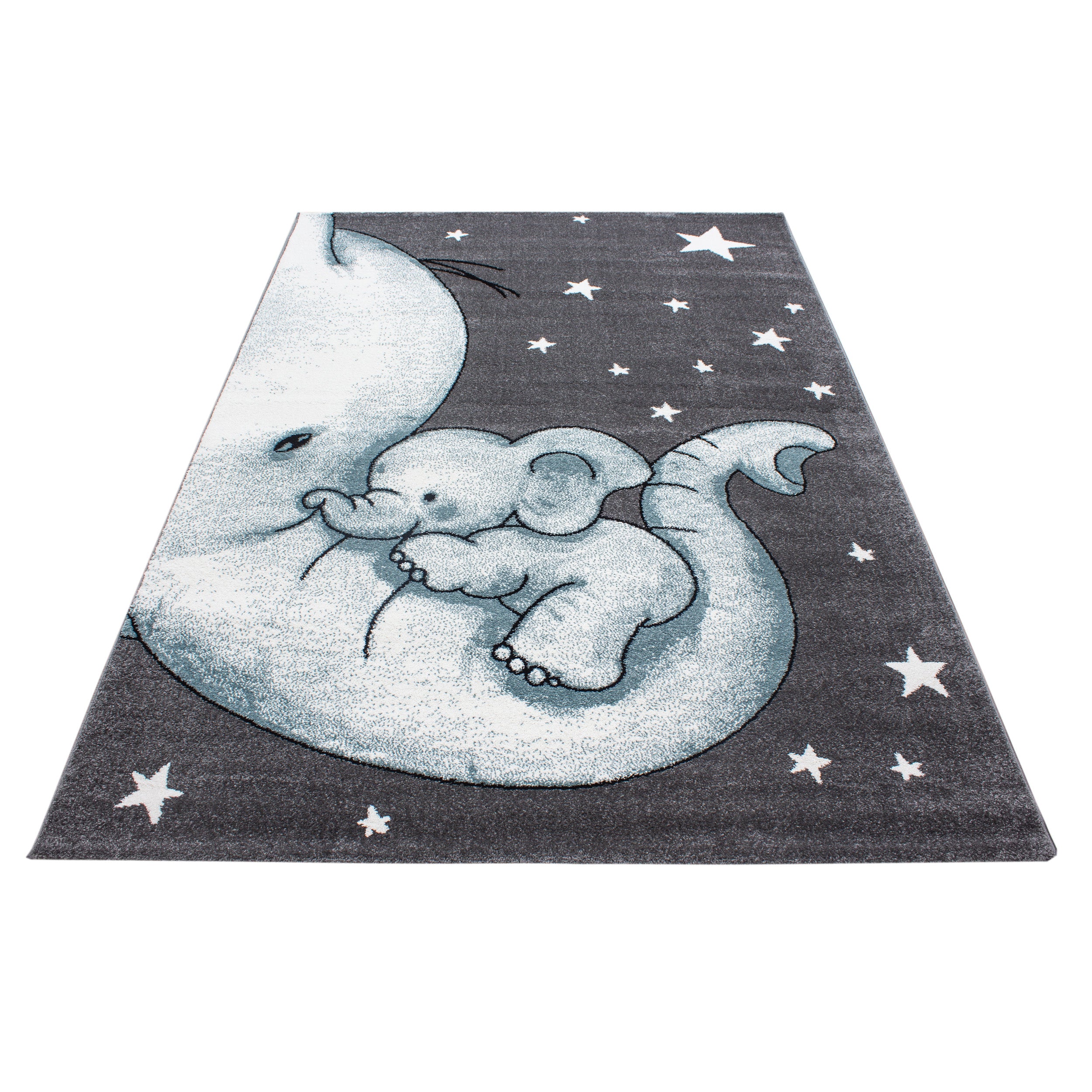 Kindertapijt Omid Olifantje met Baby Blauw Vloerkleed - Omid Carpets
