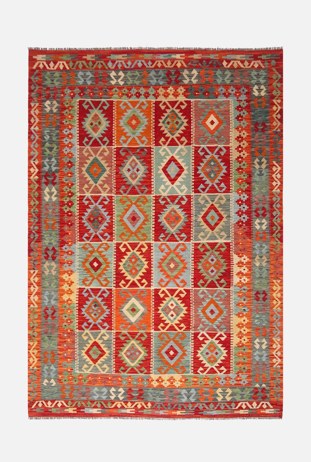 Kleurrijk Tapijt Laagpolig Handgeweven Wollen Vloerkleed - Omid Afghan Kelim 245x173cm