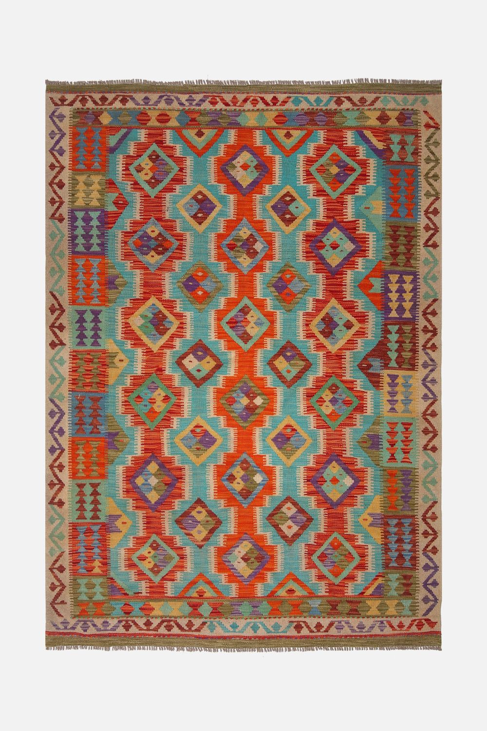 Kleurrijk Tapijt Laagpolig Handgeweven Wollen Vloerkleed - Omid Afghan Kelim 210x152