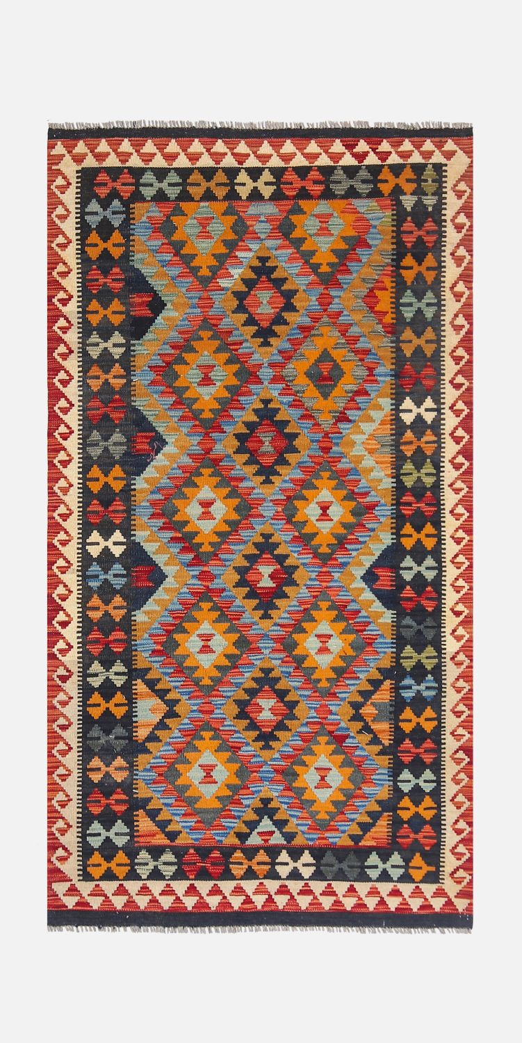 Kleurrijk Tapijt Laagpolig Handgeweven Wollen Vloerkleed - Omid Afghan Kelim 196x105