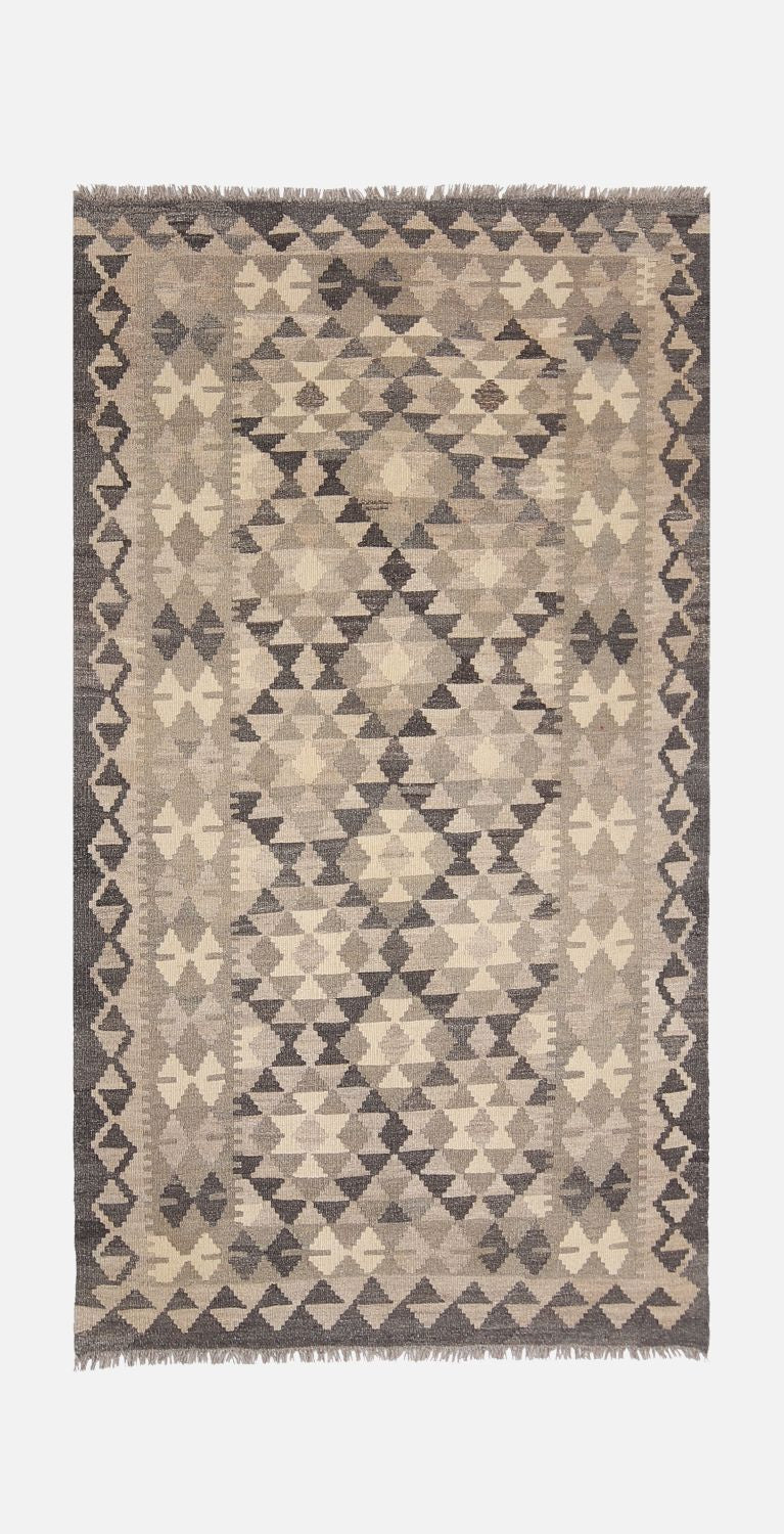 Beige Tapijt Laagpolig Handgeweven Wollen Vloerkleed - Omid Afghan Natural Kelim 177x98
