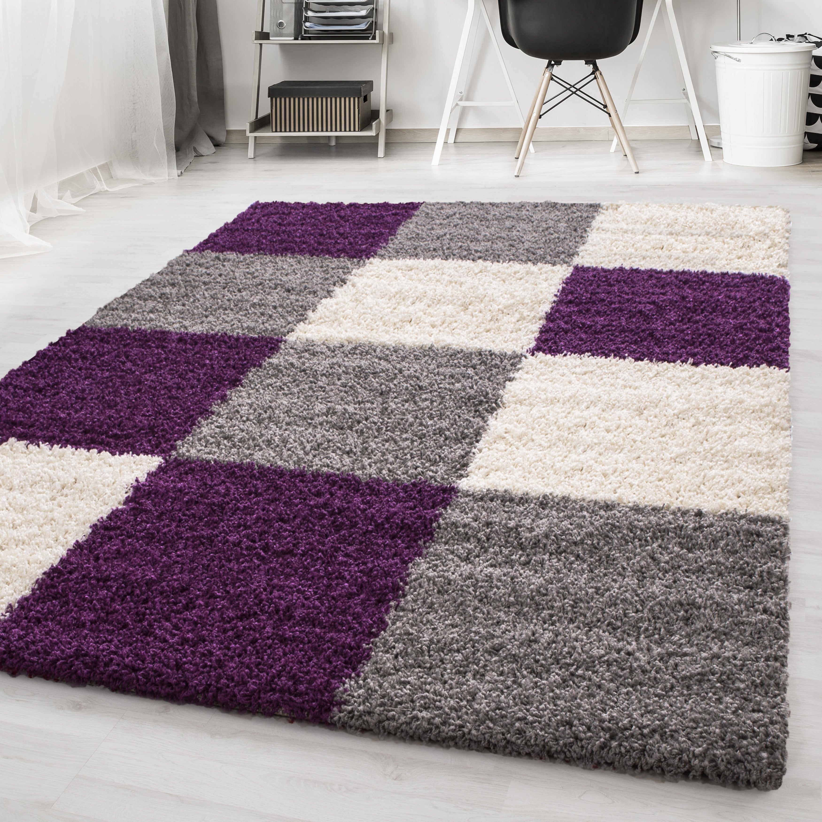 Paars Tapijt Hoogpolig Vloerkleed - Omid Essential Blokjes - Omid Carpets