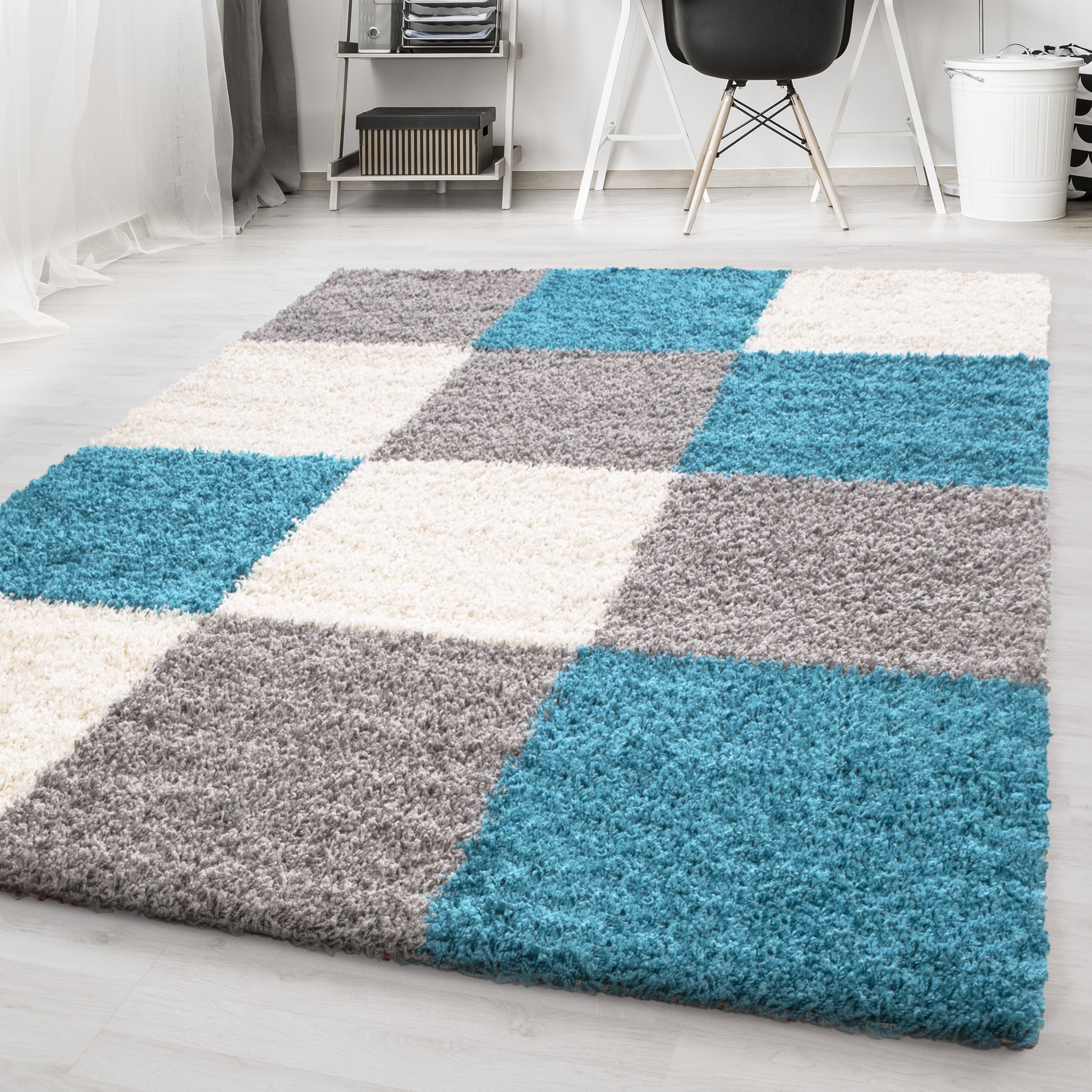 Turquoise Tapijt Hoogpolig Vloerkleed - Omid Essential Blokjes - Omid Carpets