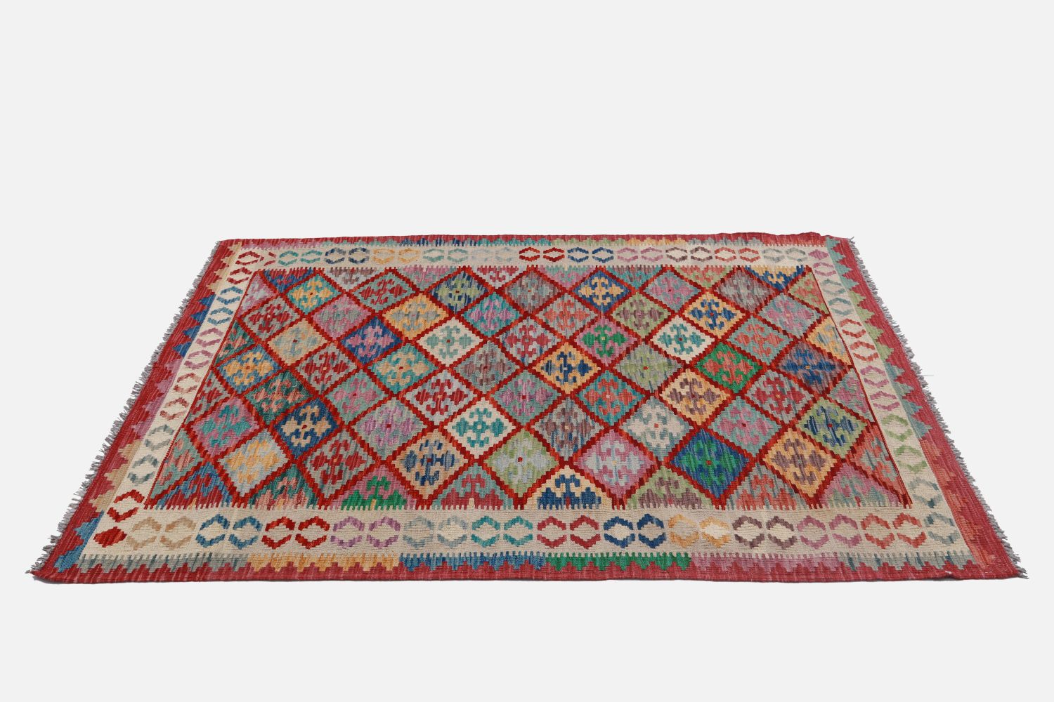 Kleurrijk Tapijt Laagpolig Handgeweven Wollen Vloerkleed - Omid Afghan Kelim 180x127
