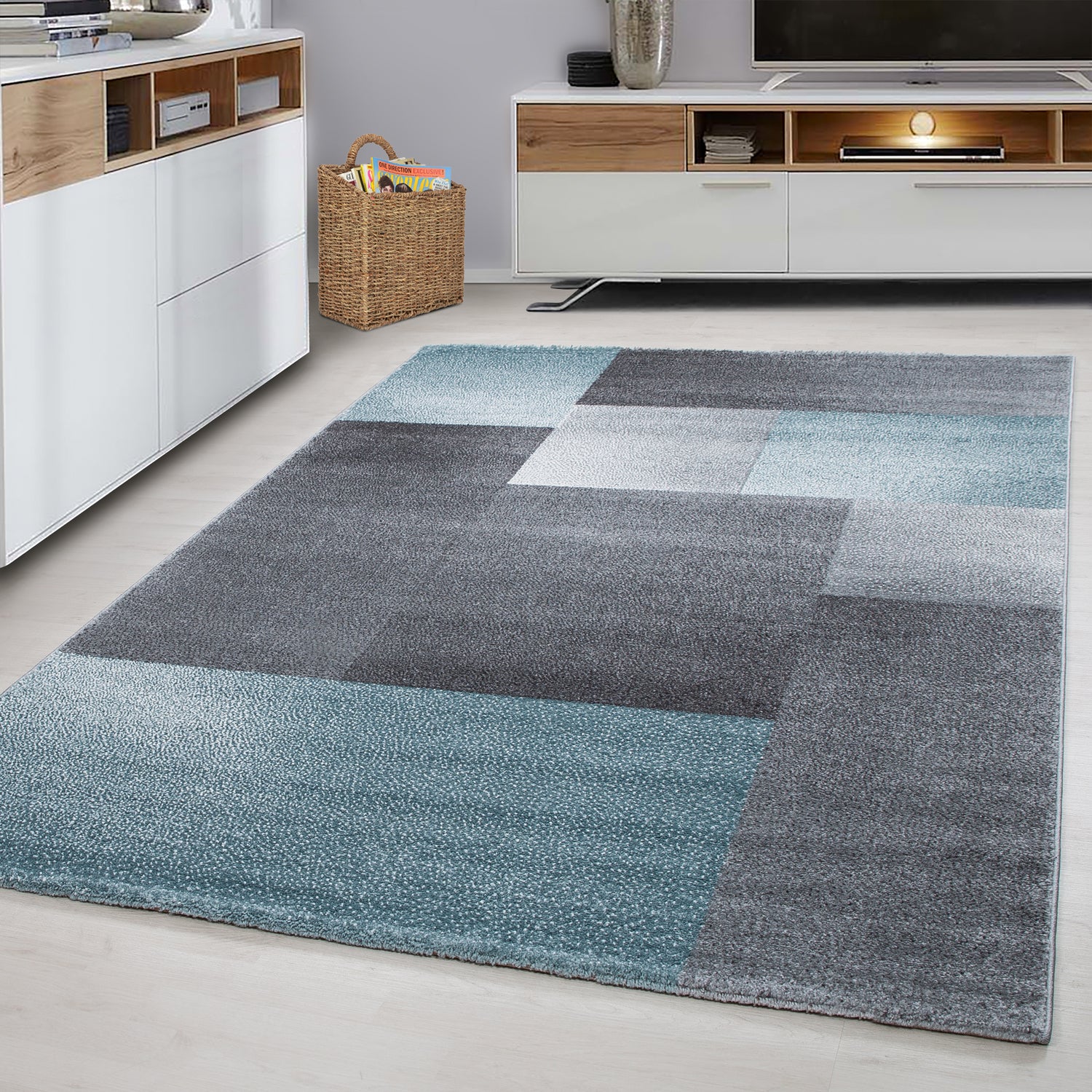 Blauw Tapijt Laagpolig Vloerkleed Omid Structure - Omid Carpets