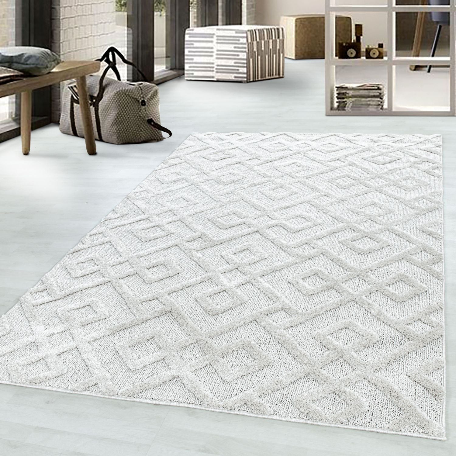 Crème Tapijt Laagpolig Vloerkleed Omid Modern 3D Structure