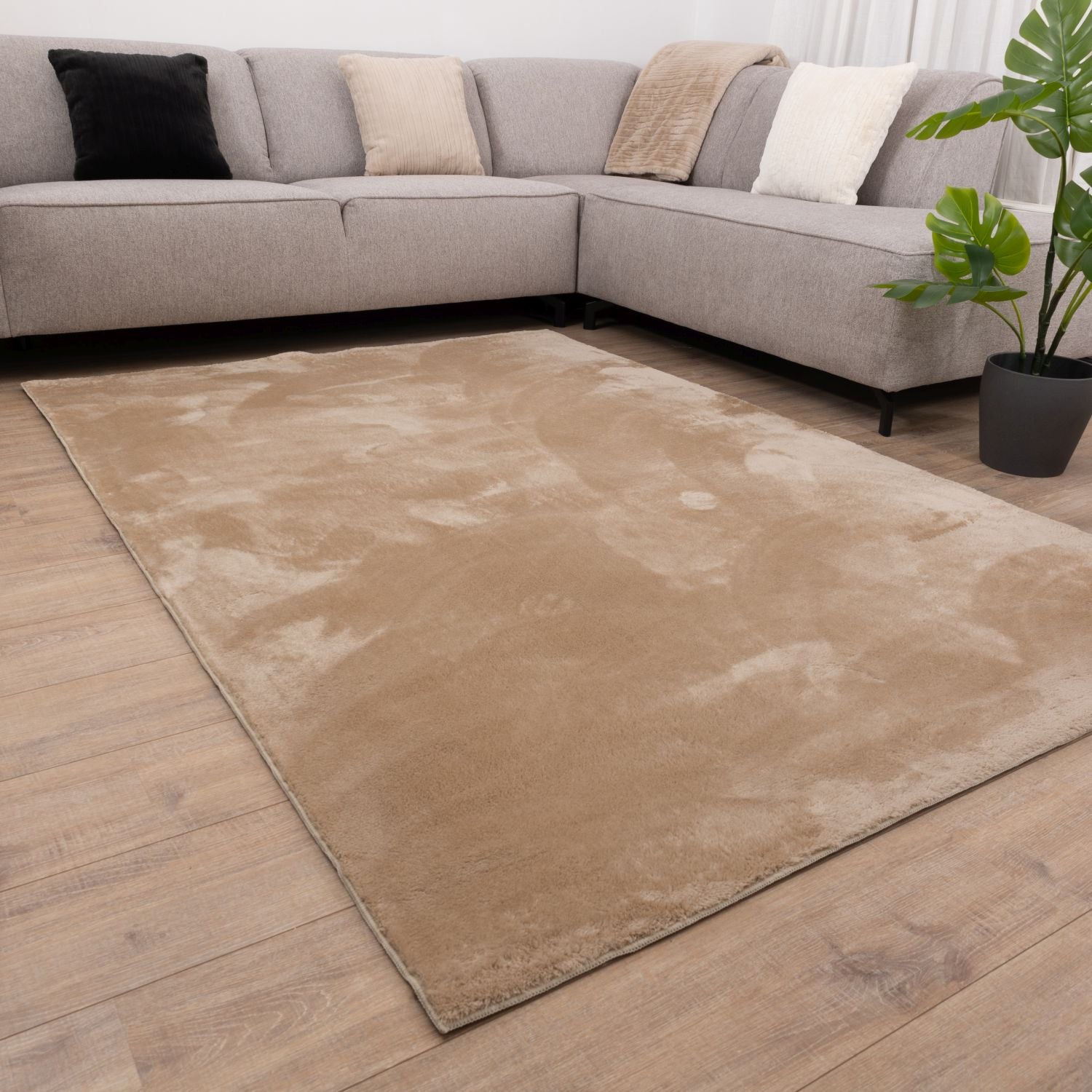 Beige Tapijt Wasbaar Laagpolig Vloerkleed met Anti Slip Omid Soft Comfort Wasbaar op 30°