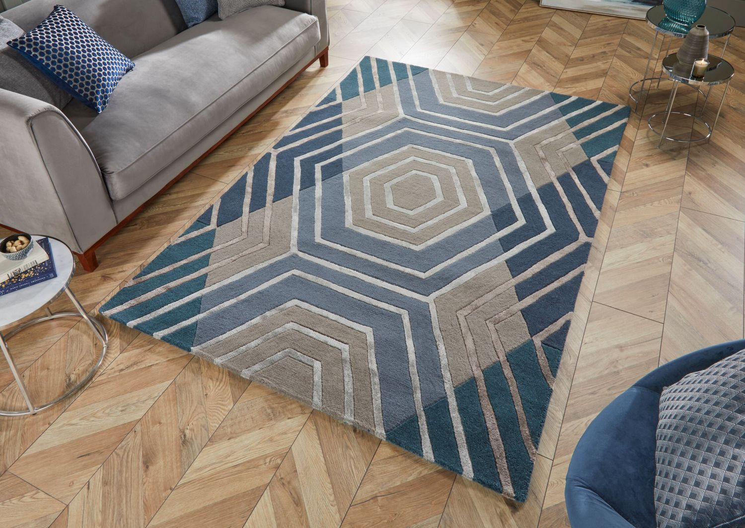 Blauw Tapijt Laagpolig Wollen Vloerkleed Omid Sober Elegance