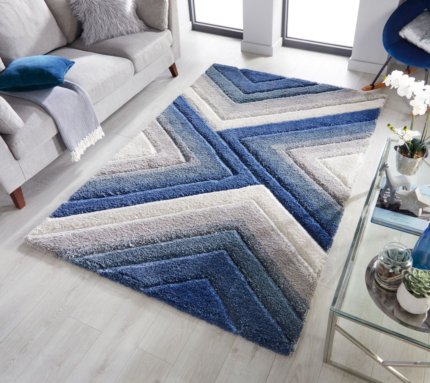 Blauw Tapijt Hoogpolig Vloerkleed - Omid Rainbow Waves