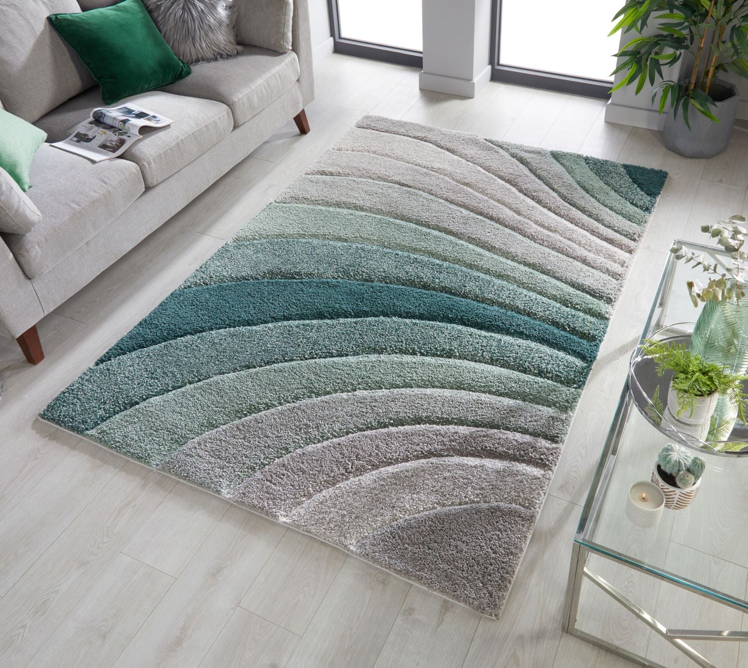 Groen Tapijt Hoogpolig Vloerkleed - Omid Rainbow Waves