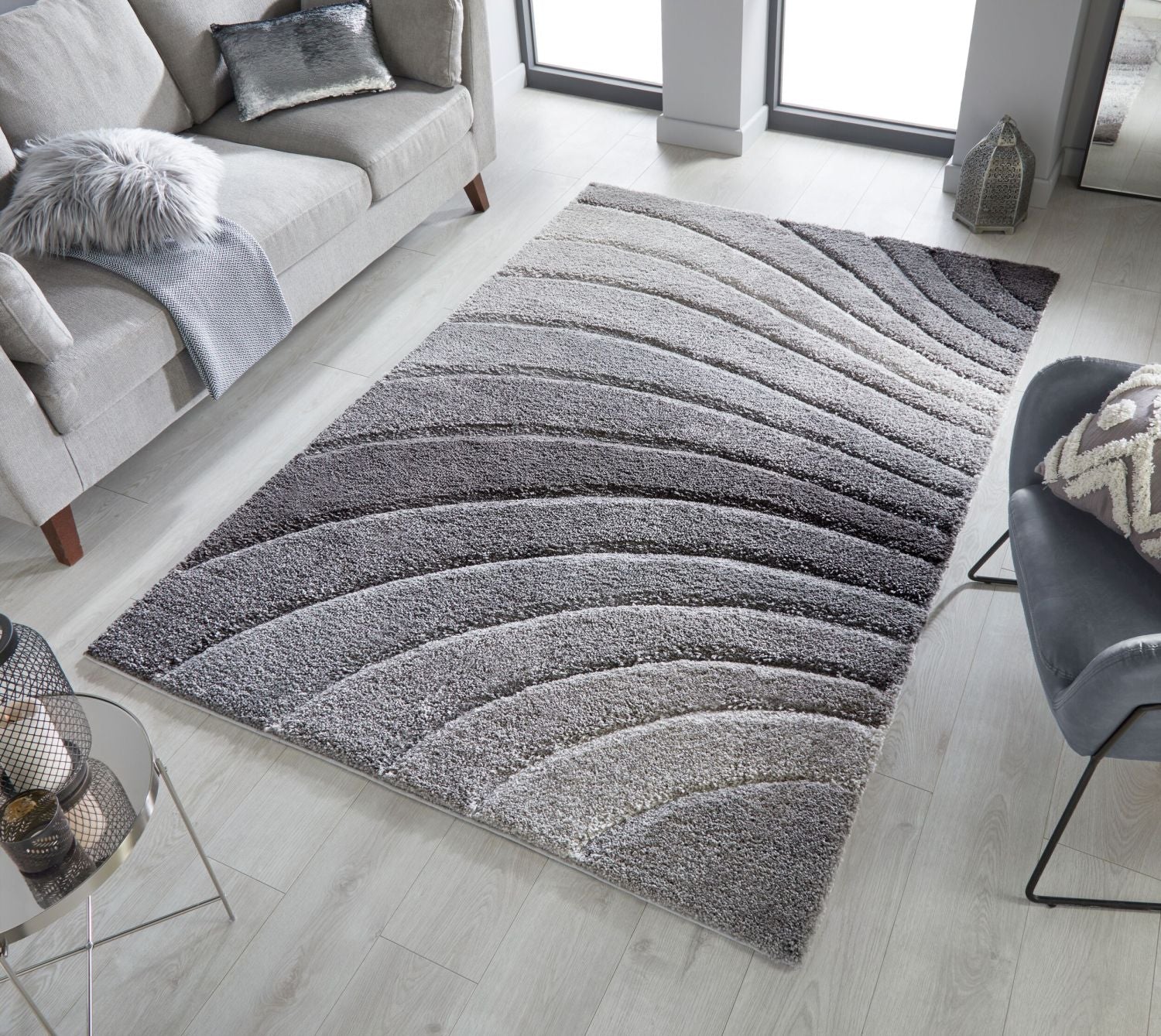 Grijs Tapijt Hoogpolig Vloerkleed - Omid Rainbow Waves