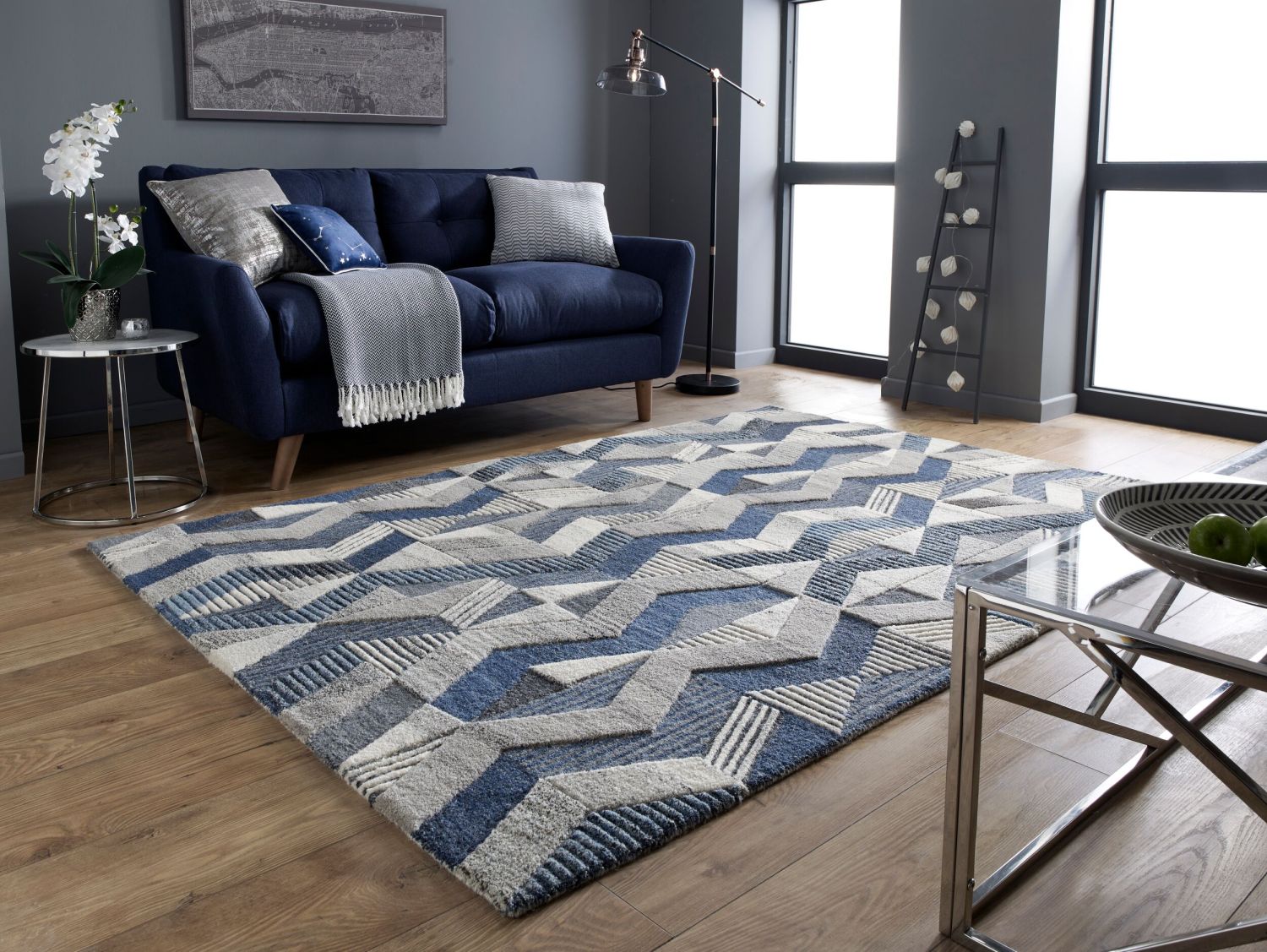 Blauw Tapijt Laagpolig Wollen Vloerkleed - Omid Geometric Wool