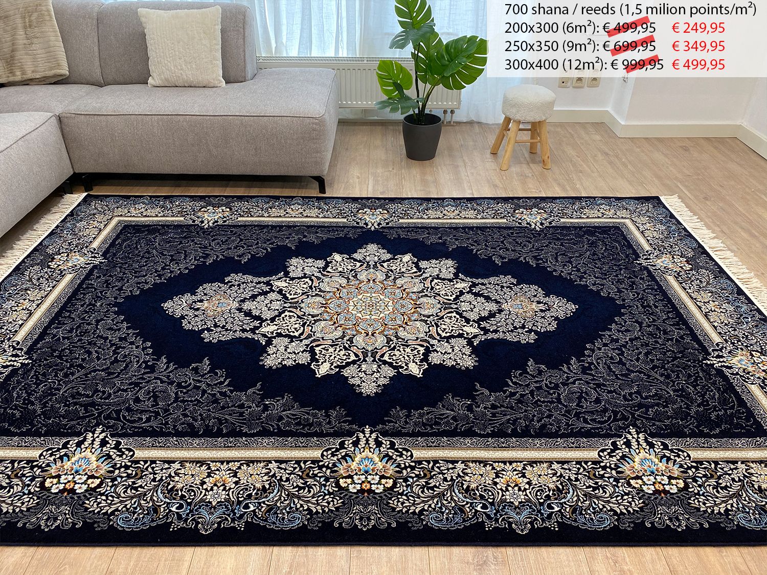 Donkerblauw Tapijt Laagpolig Klassiek Vloerkleed - Omid Premium Classic - 1,5 Miljoen punten/m²