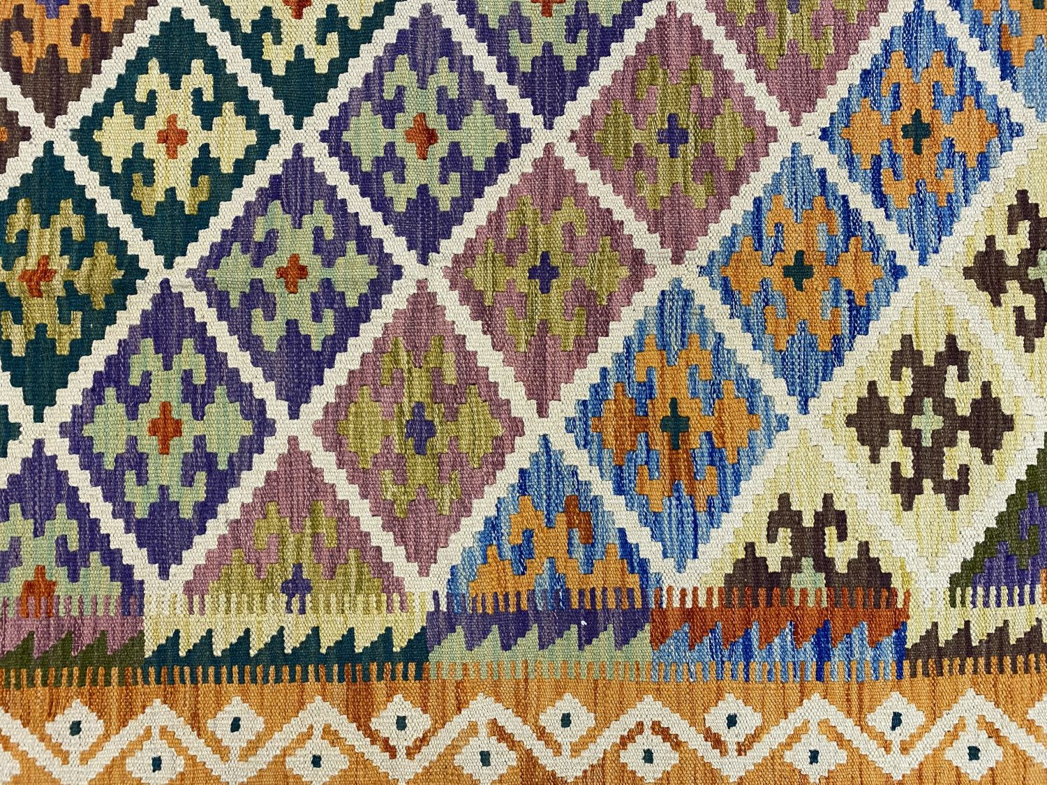 Kleurrijk Tapijt Laagpolig Handgeweven Wollen Vloerkleed - Omid Afghan Kelim Loper 318x87cm - Omid Carpets