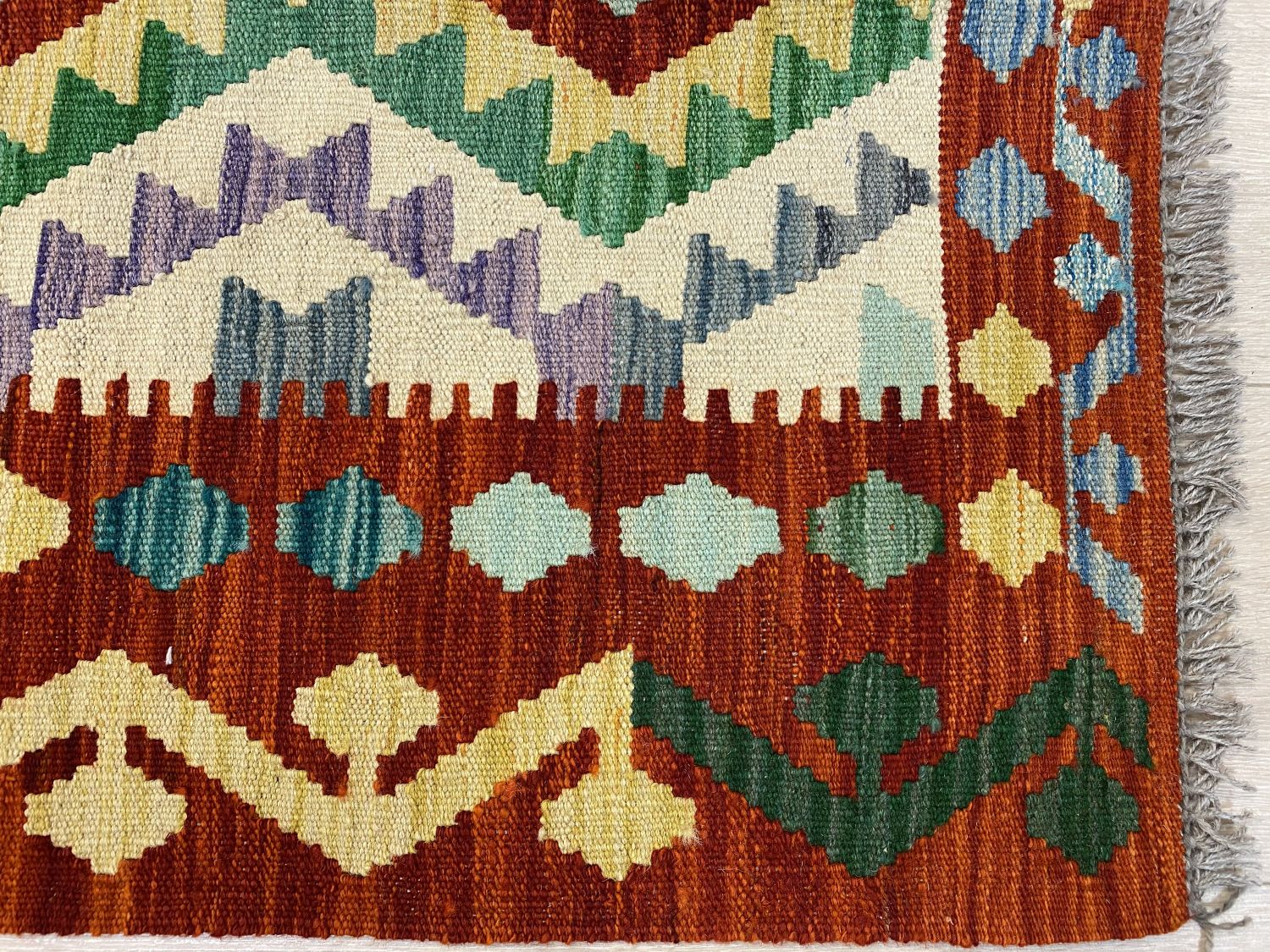 Kleurrijk Tapijt Laagpolig Handgeweven Wollen Vloerkleed - Omid Afghan Kelim Loper 300x80cm