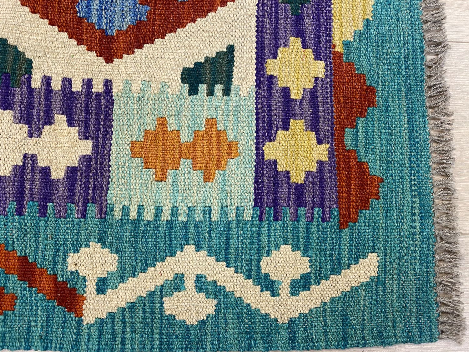 Kleurrijk Tapijt Laagpolig Handgeweven Wollen Vloerkleed - Omid Afghan Kelim Loper 303x84cm