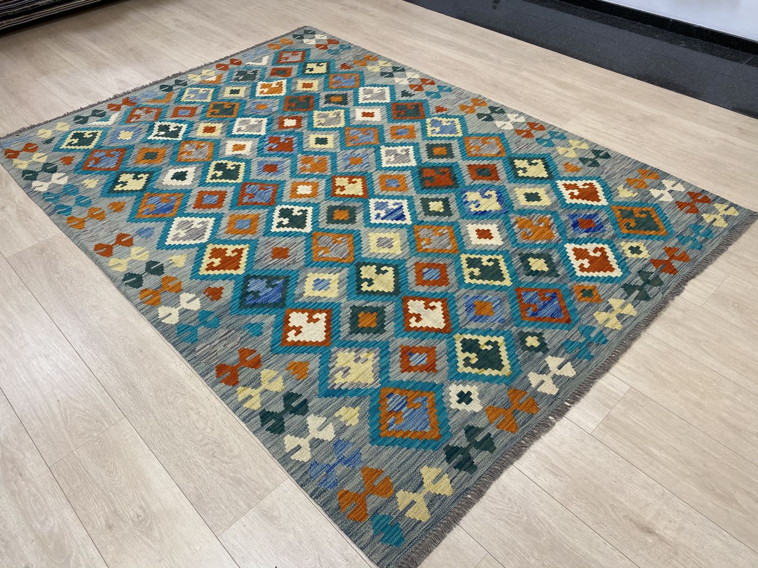Kleurrijk Tapijt Laagpolig Handgeweven Wollen Vloerkleed - Omid Afghan Kelim 242x176cm