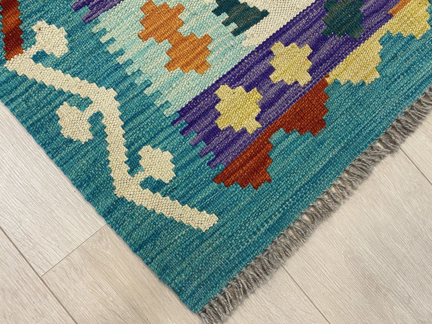 Kleurrijk Tapijt Laagpolig Handgeweven Wollen Vloerkleed - Omid Afghan Kelim Loper 303x84cm