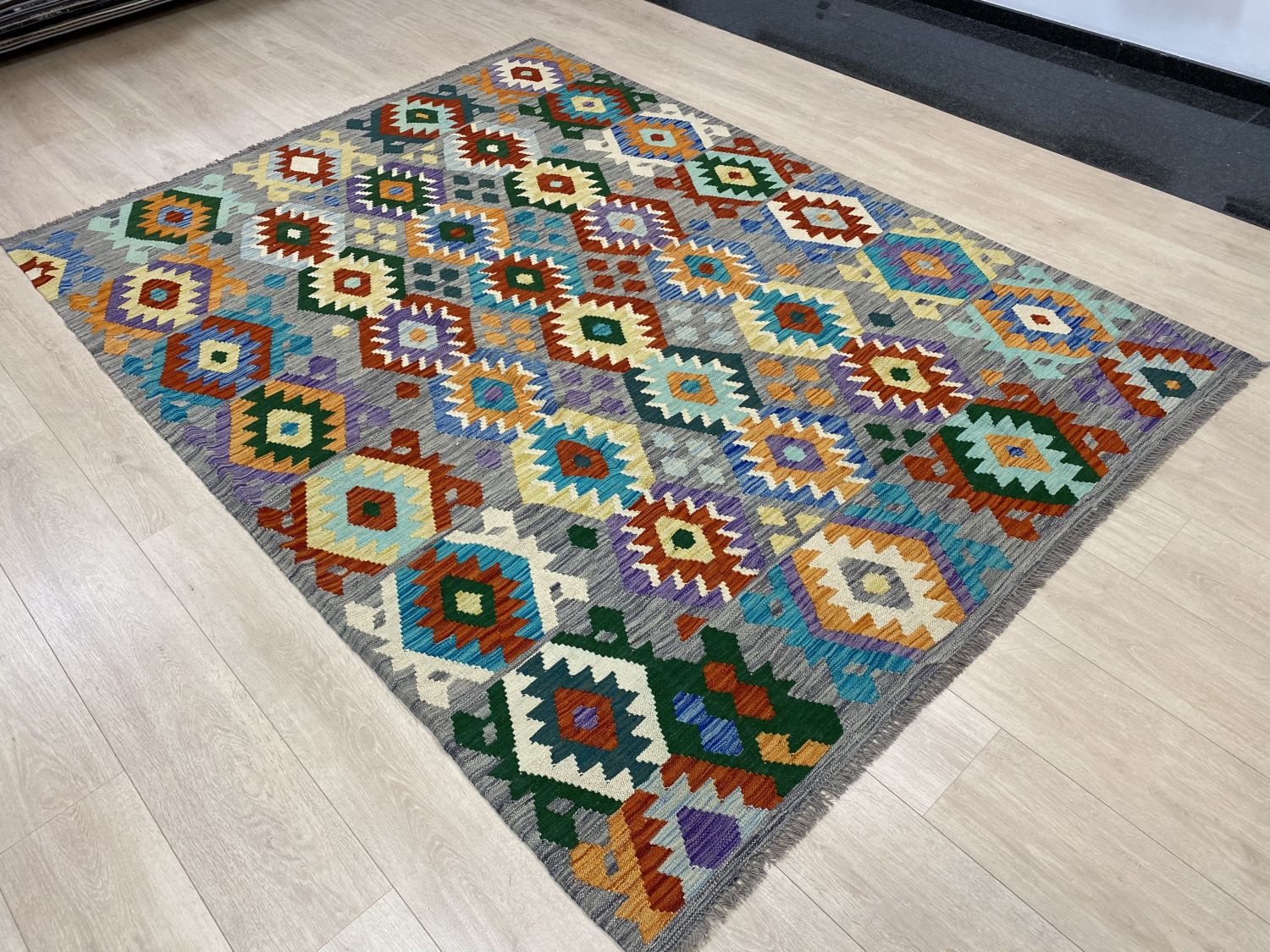 Kleurrijk Tapijt Laagpolig Handgeweven Wollen Vloerkleed - Omid Afghan Kelim 240x175cm