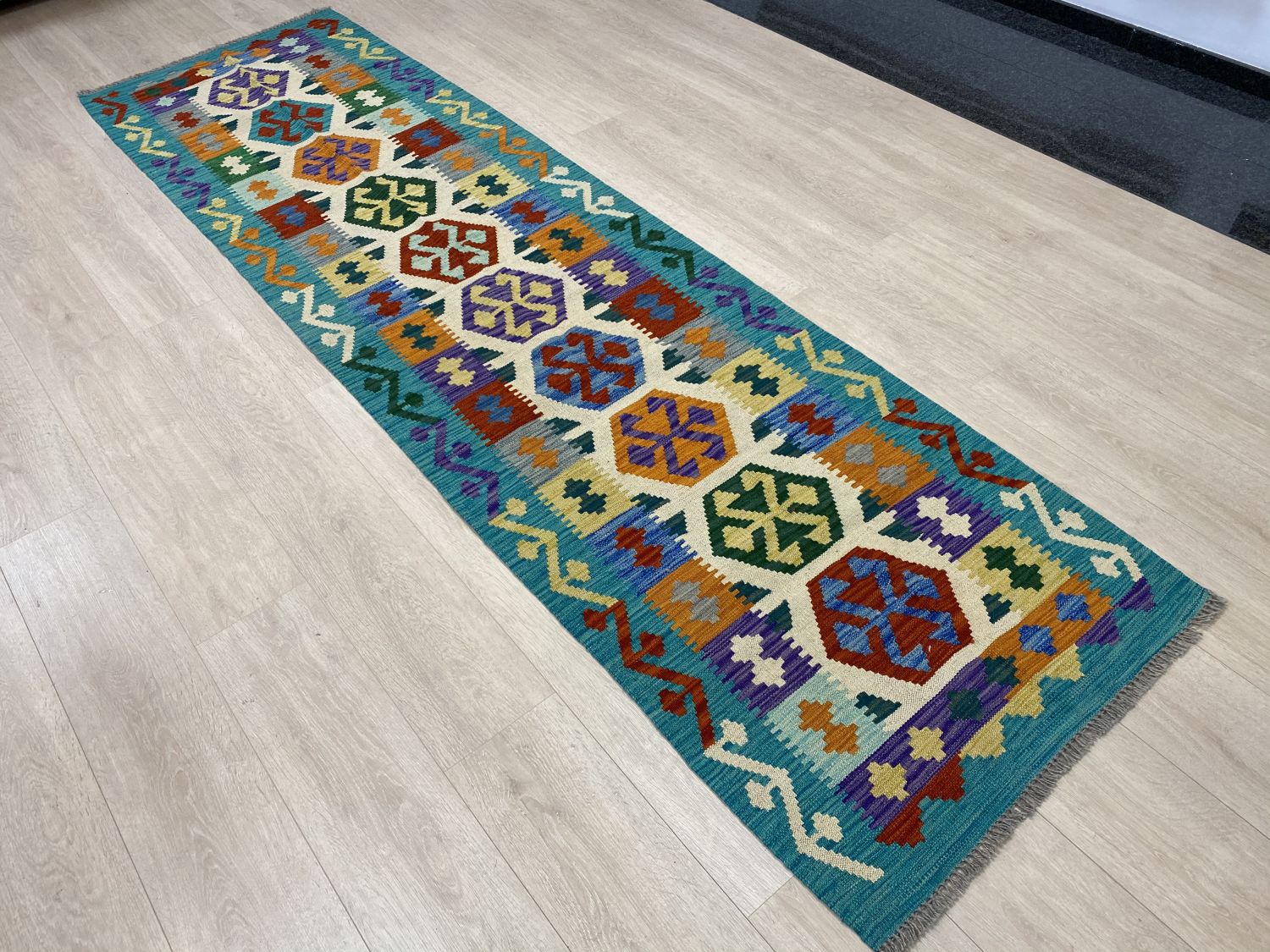 Kleurrijk Tapijt Laagpolig Handgeweven Wollen Vloerkleed - Omid Afghan Kelim Loper 303x84cm