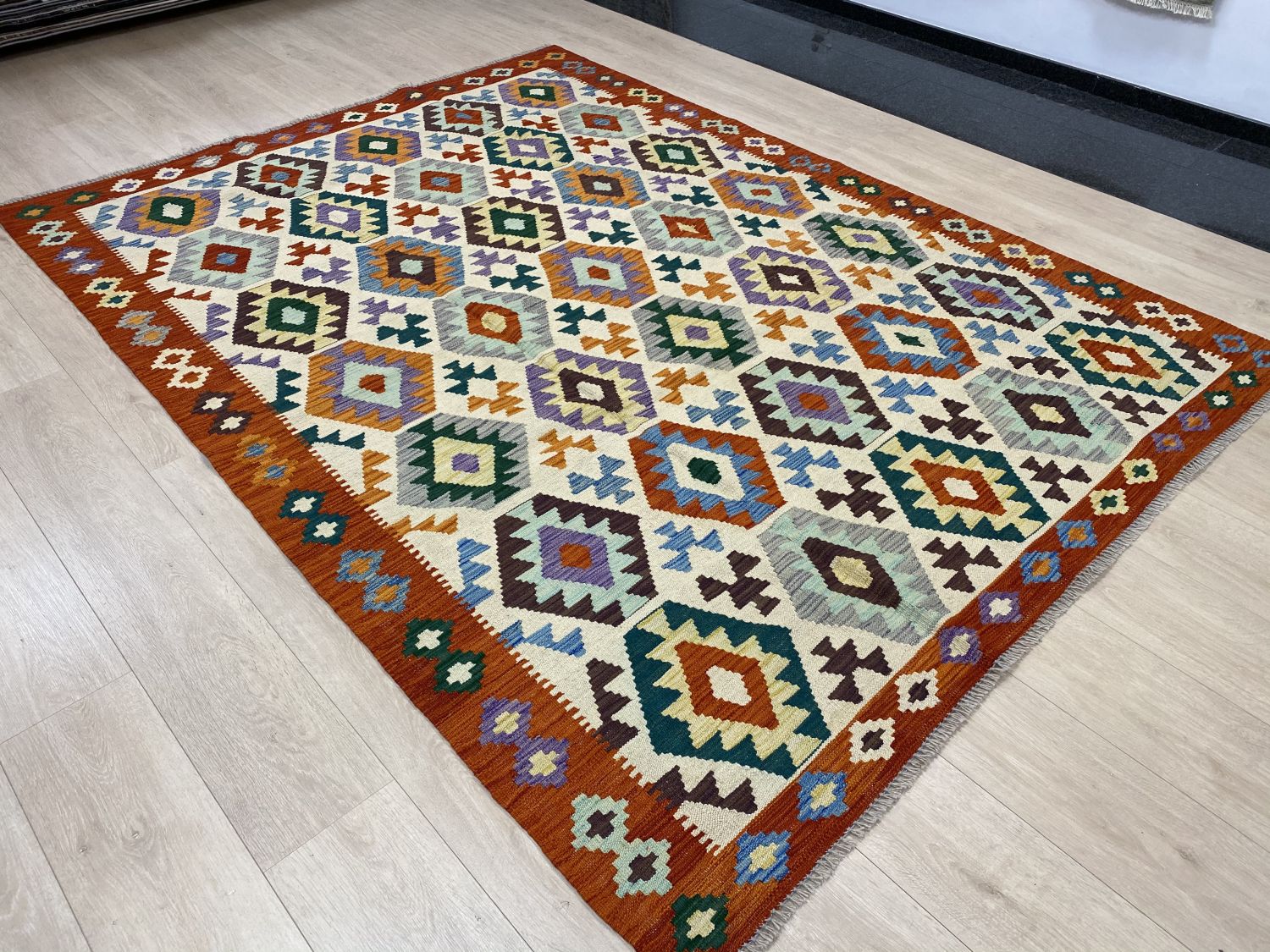 Kleurrijk Tapijt Laagpolig Handgeweven Wollen Vloerkleed - Omid Afghan Kelim 259x190cm