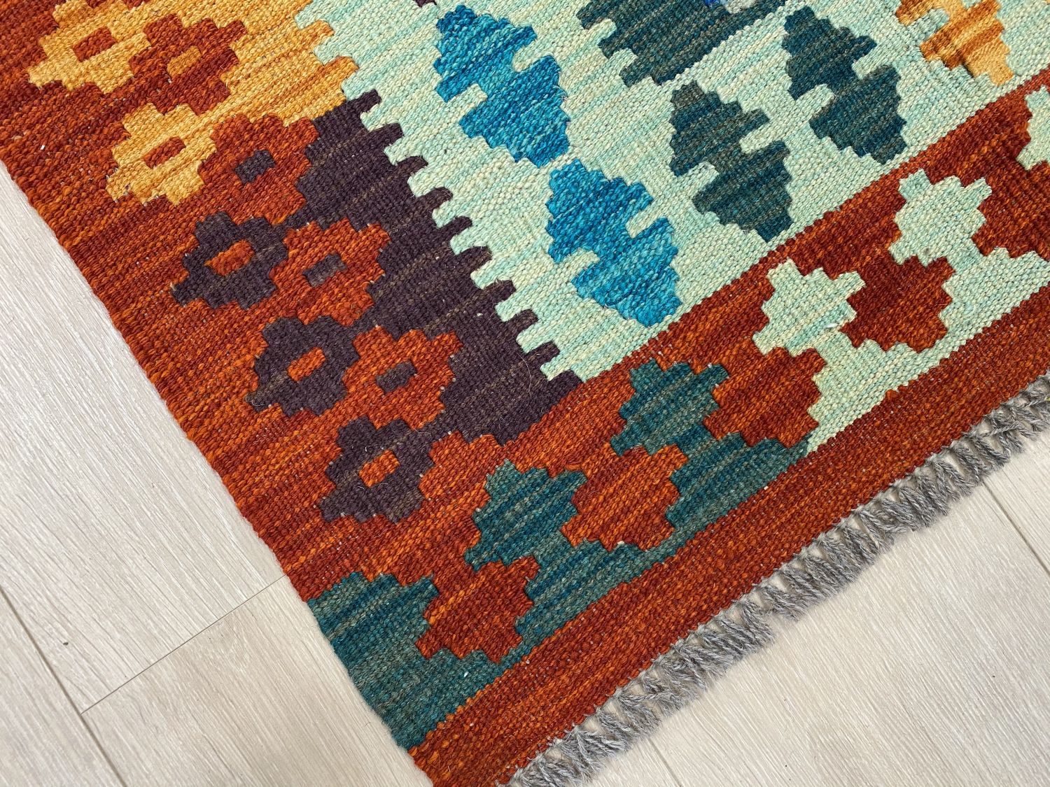 Kleurrijk Tapijt Laagpolig Handgeweven Wollen Vloerkleed - Omid Afghan Kelim Loper 298x86cm