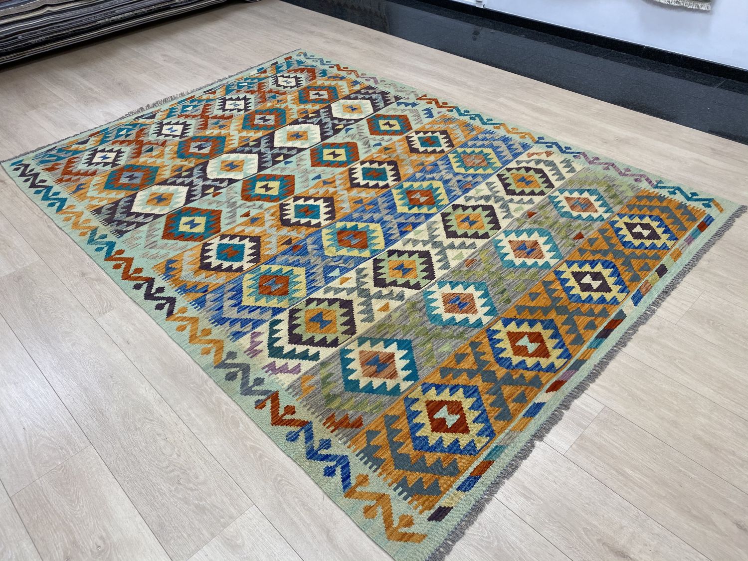 Kleurrijk Tapijt Laagpolig Handgeweven Wollen Vloerkleed - Omid Afghan Kelim 247x179cm