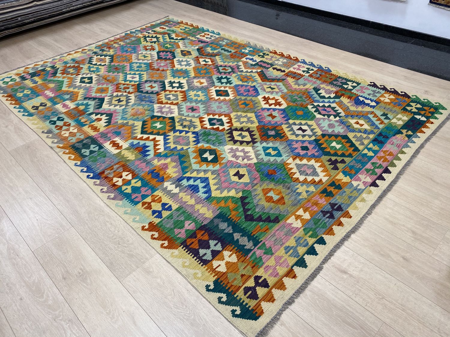 Kleurrijk Tapijt Laagpolig Handgeweven Wollen Vloerkleed - Omid Afghan Kelim 298x202cm