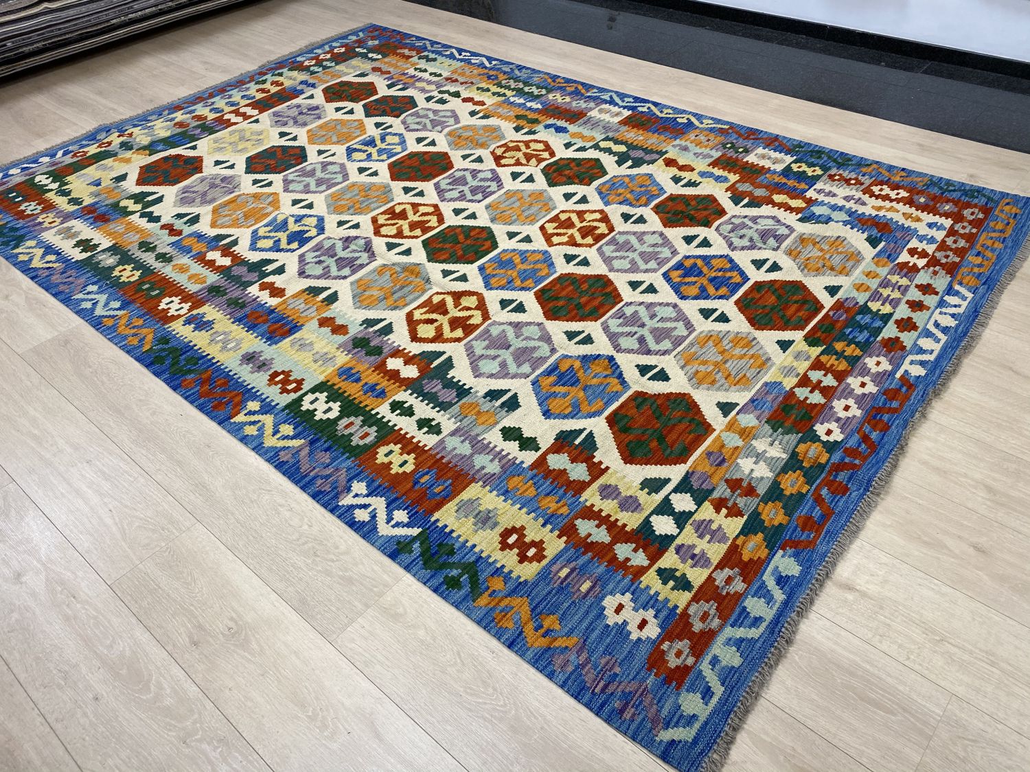 Kleurrijk Tapijt Laagpolig Handgeweven Wollen Vloerkleed - Omid Afghan Kelim 305x209cm