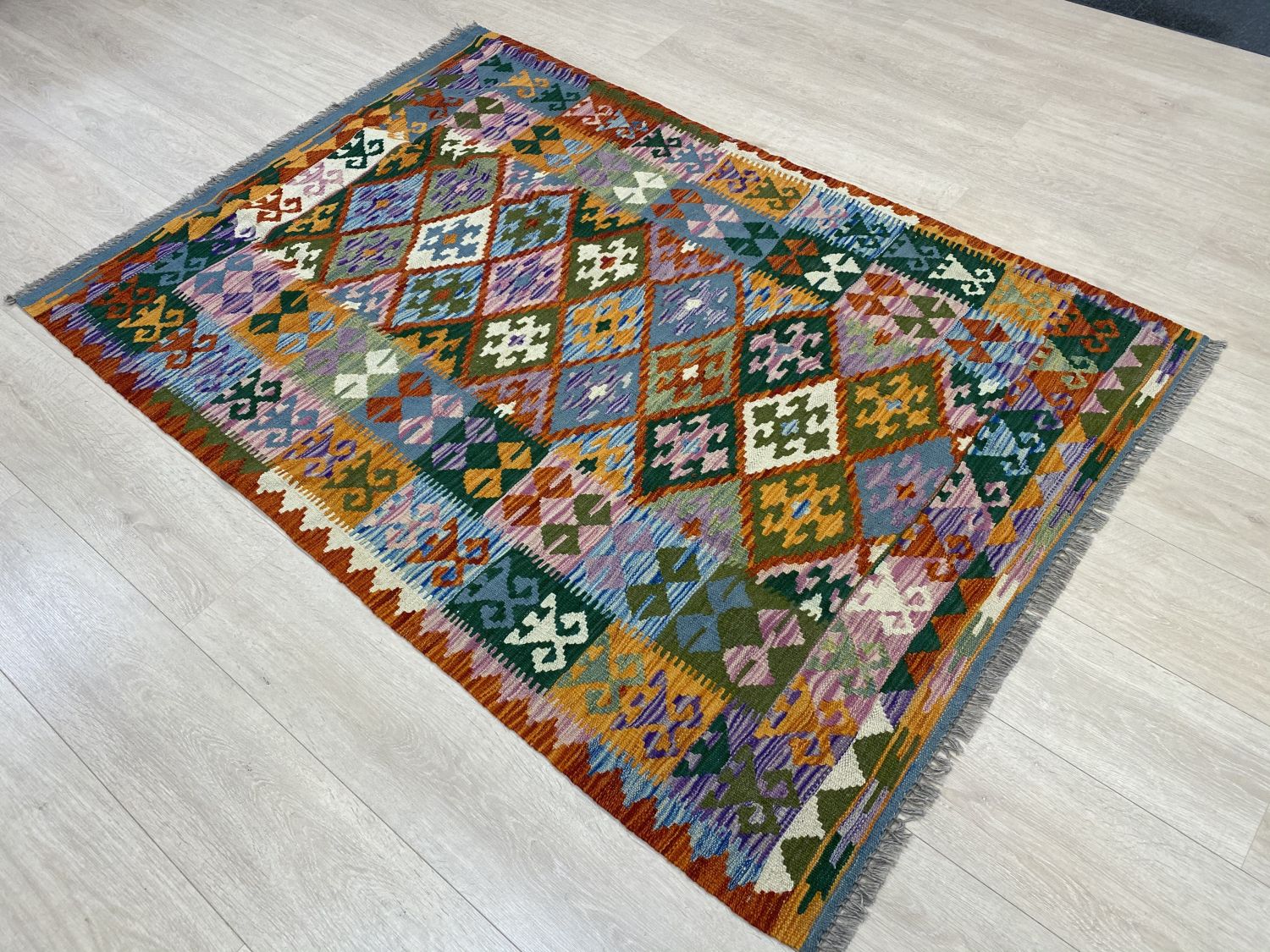 Kleurrijk Tapijt Laagpolig Handgeweven Wollen Vloerkleed - Omid Afghan Kelim 183x127cm