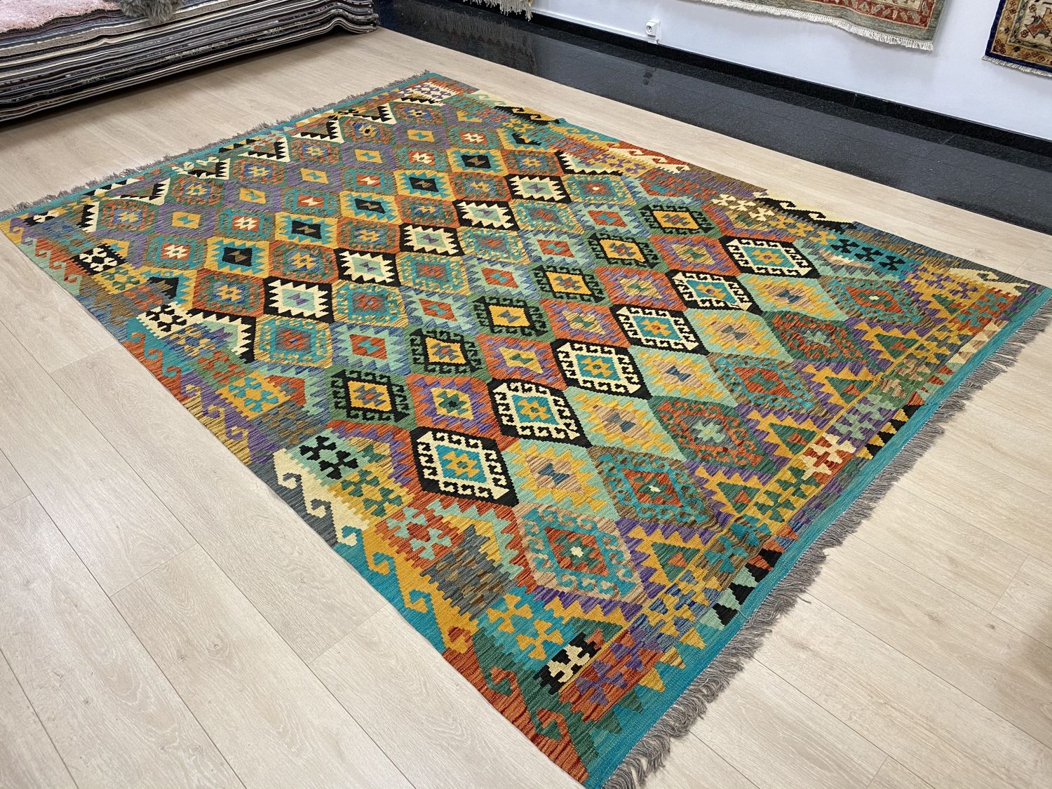 Kleurrijk Tapijt Laagpolig Handgeweven Wollen Vloerkleed - Omid Afghan Kelim 290x208cm