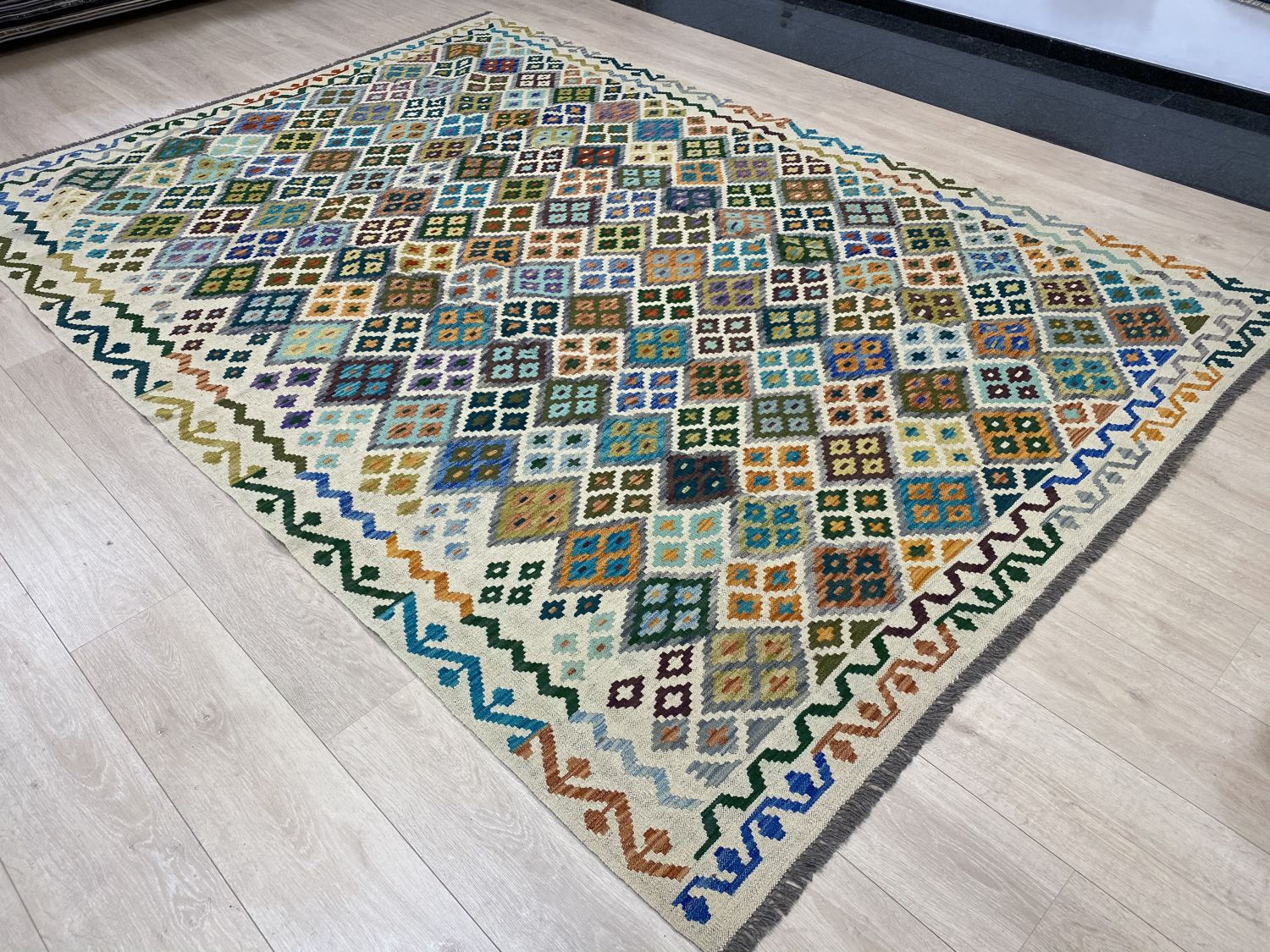 Kleurrijk Tapijt Laagpolig Handgeweven Wollen Vloerkleed - Omid Afghan Kelim 292x205cm