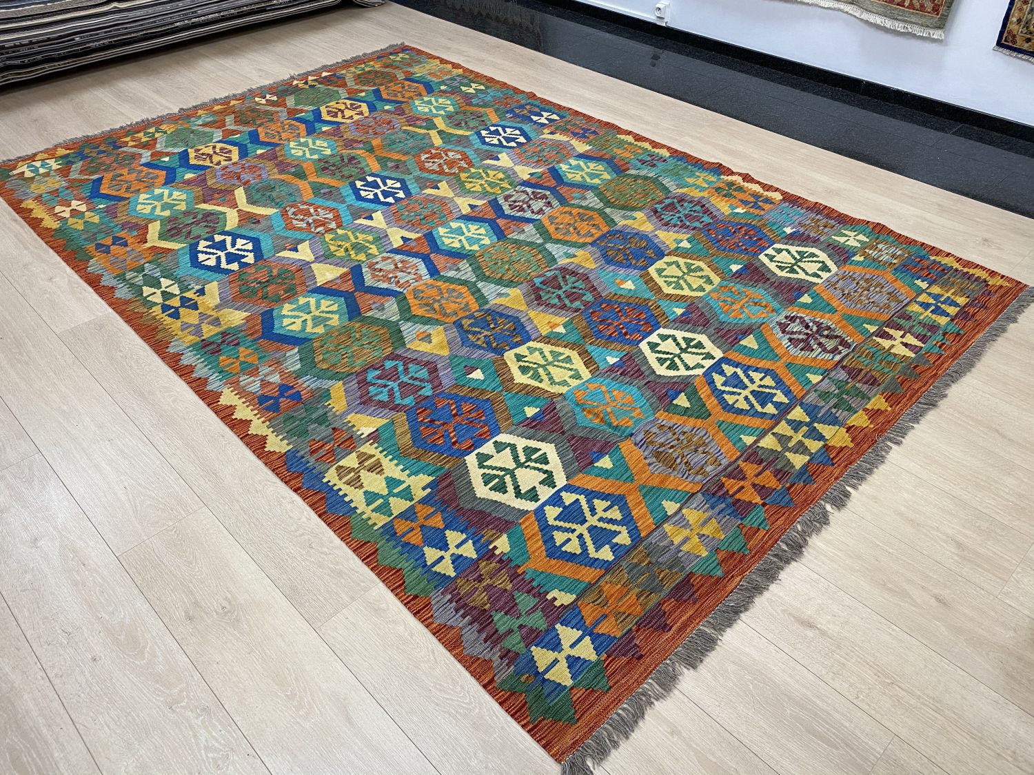 Kleurrijk Tapijt Laagpolig Handgeweven Wollen Vloerkleed - Omid Afghan Kelim 301x200cm