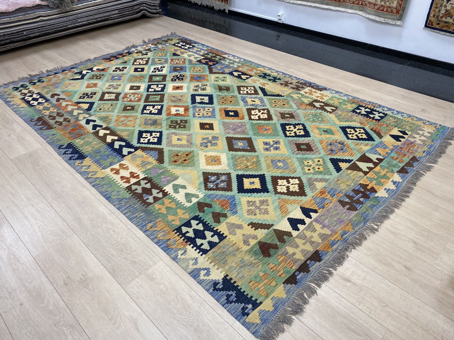 Kleurrijk Tapijt Laagpolig Handgeweven Wollen Vloerkleed - Omid Afghan Kelim 297x195cm