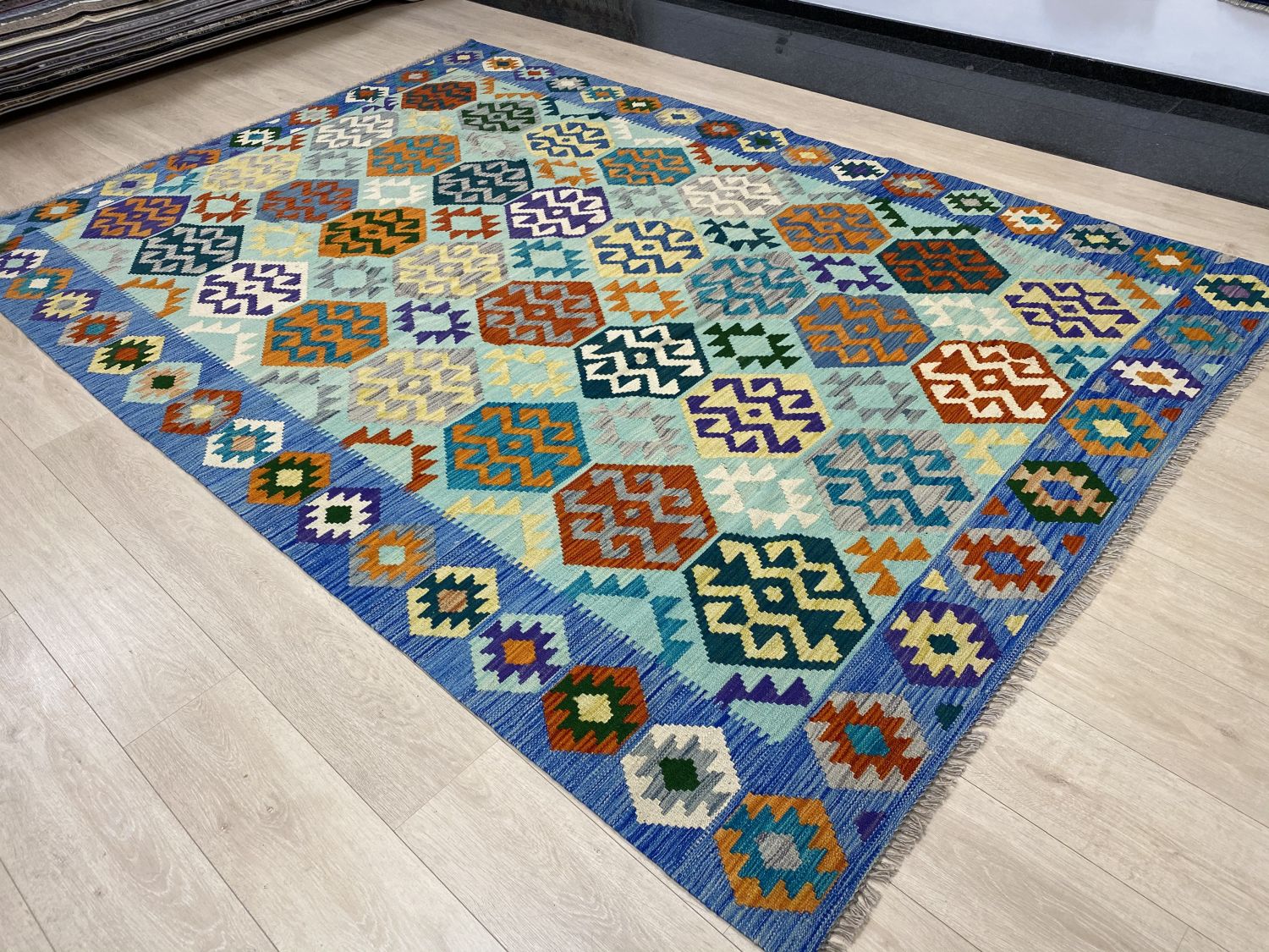 Kleurrijk Tapijt Laagpolig Handgeweven Wollen Vloerkleed - Omid Afghan Kelim 304x209cm
