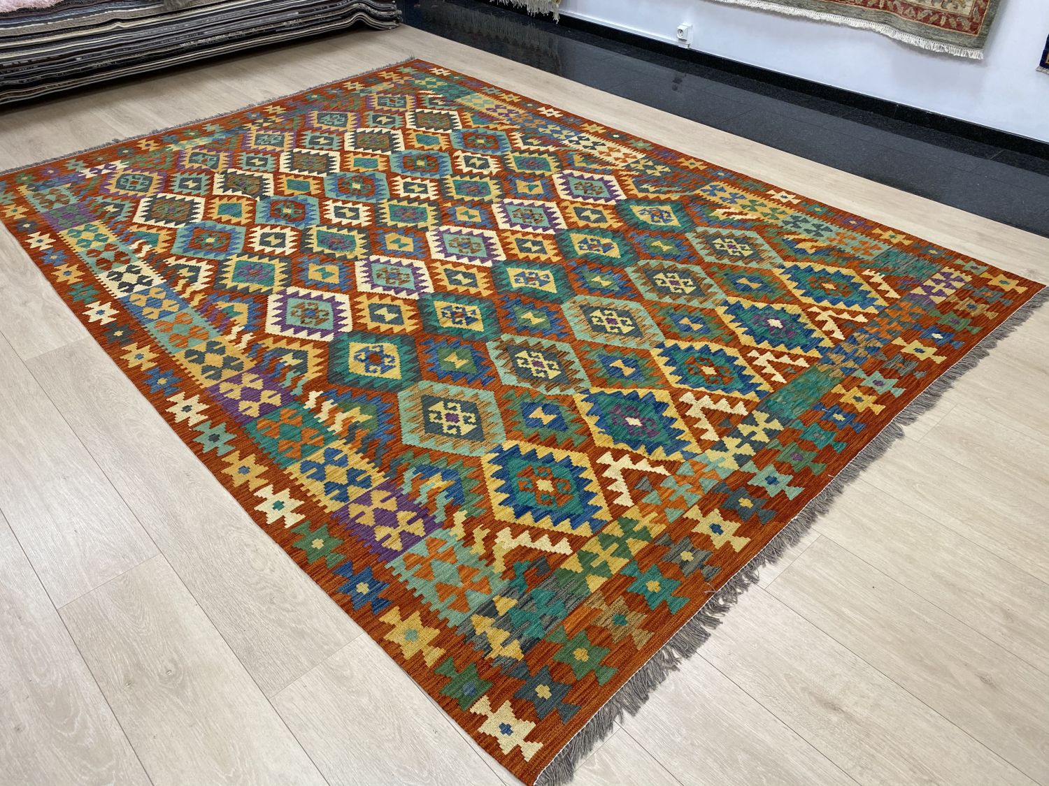 Kleurrijk Tapijt Laagpolig Handgeweven Wollen Vloerkleed - Omid Afghan Kelim 295x209cm