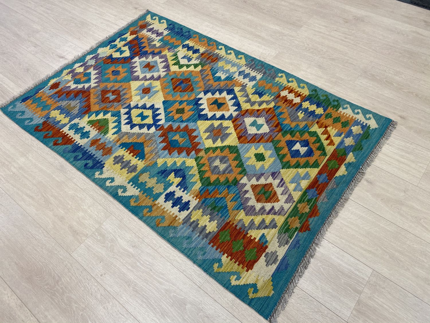 Kleurrijk Tapijt Laagpolig Handgeweven Wollen Vloerkleed - Omid Afghan Kelim 154x103cm