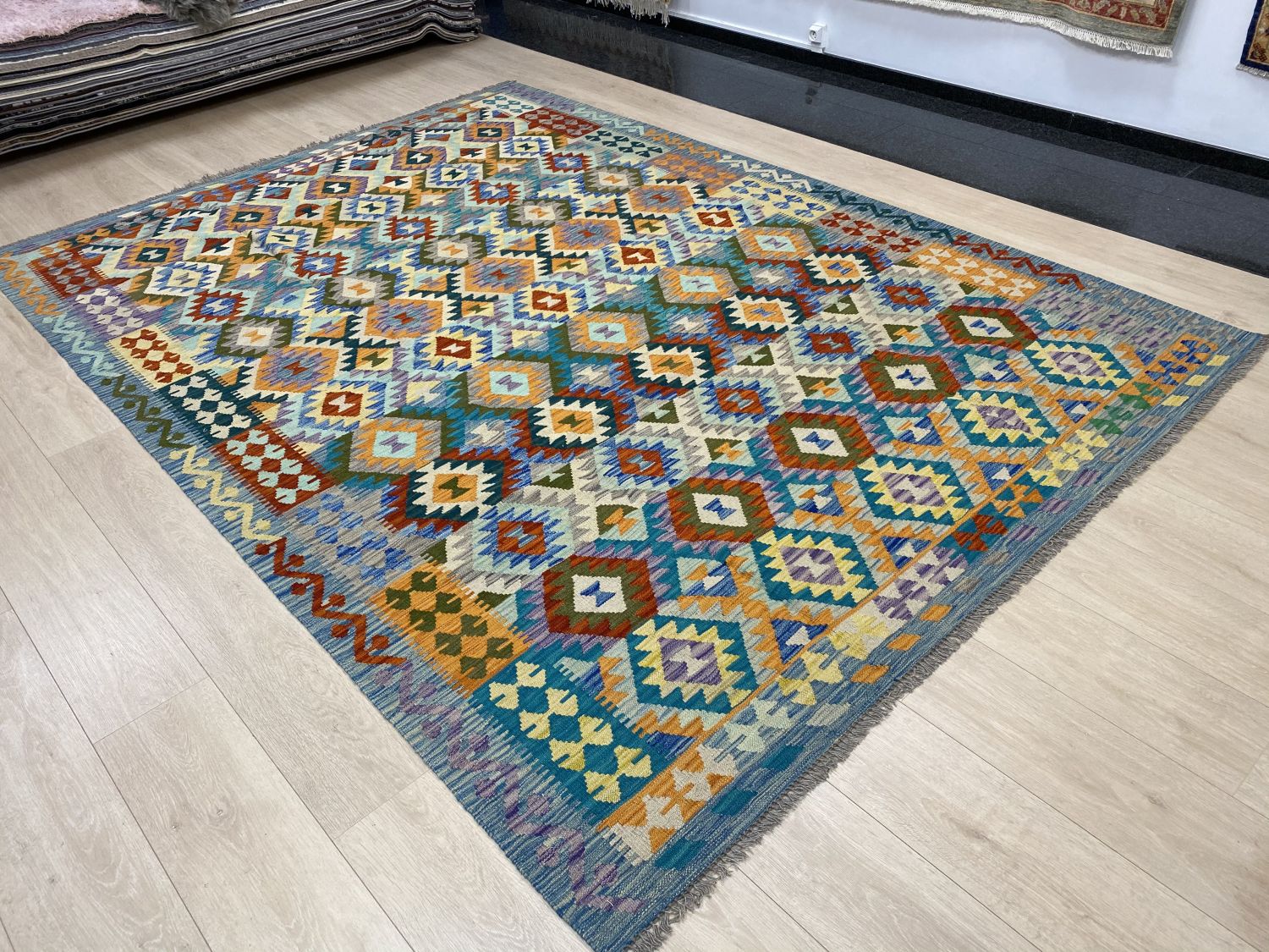Kleurrijk Tapijt Laagpolig Handgeweven Wollen Vloerkleed - Omid Afghan Kelim 295x210cm