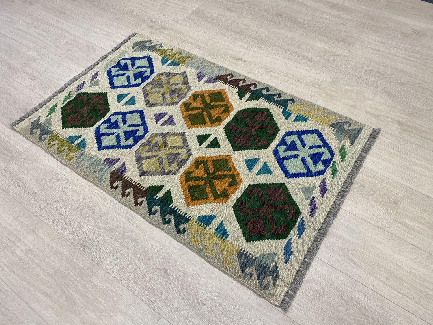 Kleurrijk Tapijt Laagpolig Handgeweven Wollen Vloerkleed - Omid Afghan Kelim 125x80cm