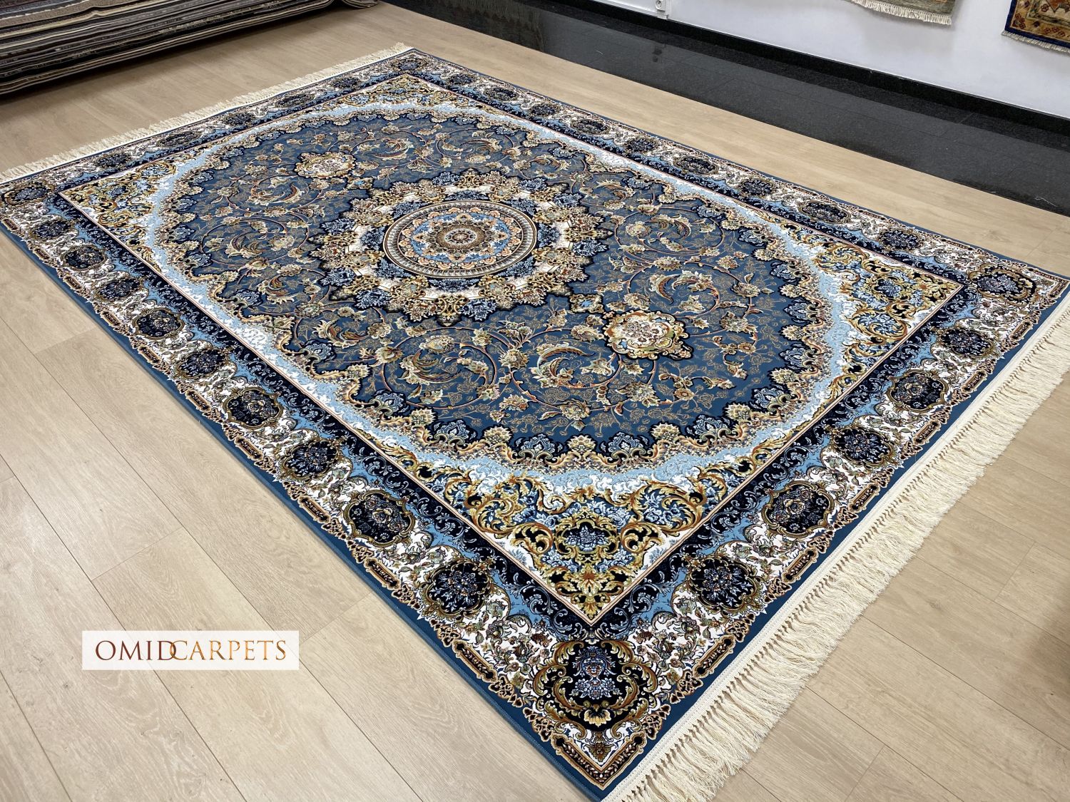 قالین 1200 شانه * Blauw Tapijt Laagpolig Klassiek Vloerkleed - Omid Premium Classic Hand Look - 3 Miljoen punten/m²
